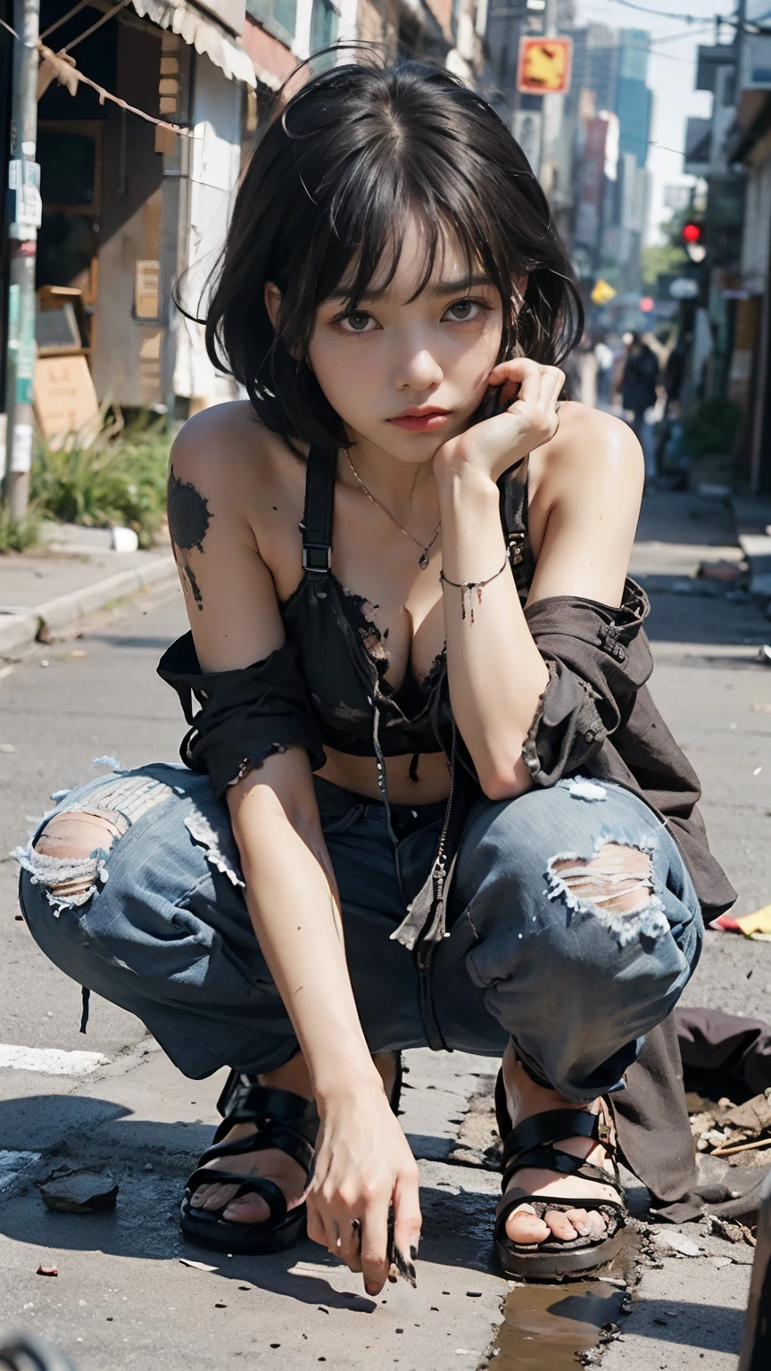 aespakarina,Bobcut,Begging in the city,(((Homeless))),Crouching,Angry face,Bad complexion,Dirty,Full of trash,Korean,Adult female,Pitch black,Tattered clothes,(((Bad mood))),((( in a destroyed city,Oil,Mud stains,shit,dirty))),(((Frowning,カメラをGlaring))),((((Rubble pile))),Very fine eye, (((Wearing tattered black clothing,He&#39;s wearing ripped black pants))),(((Tragic))),((photograph)),(((Fabric Shading))), (((highest quality))), (((masterpiece))) strong girl, ((((Realistic)))),,Black Hair, chic hairstyle, ((With bangs,ストレートミディアムBobcut, nice hair)), Light makeup,Red eyes, (((I&#39;m not wearing lipstick))), (nice, strong), Centered Images, Looking at the camera, Elegant colors,Realistic Skin,Realistic texture,８k,whole body,Pale skin,Red iris,Expressionless,Glaring,Perfect Face,(((Big eyes))),Holding a blank board