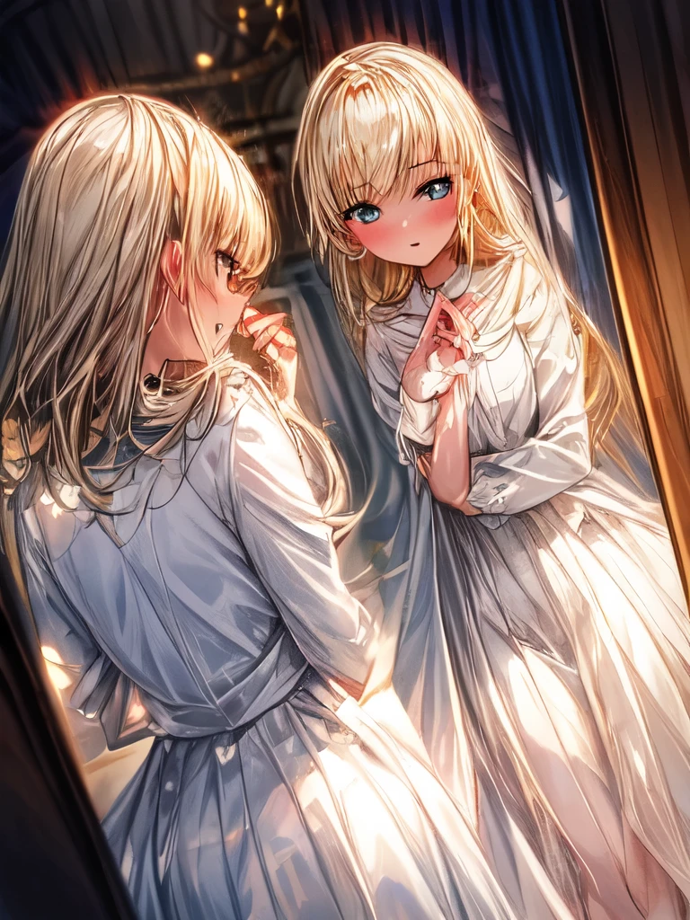 A young woman wearing a suit standing in front of a mirror in a girl's room on a spring morning. The sunlight softly illuminates the room and highlights the woman's confidence and elegance.
