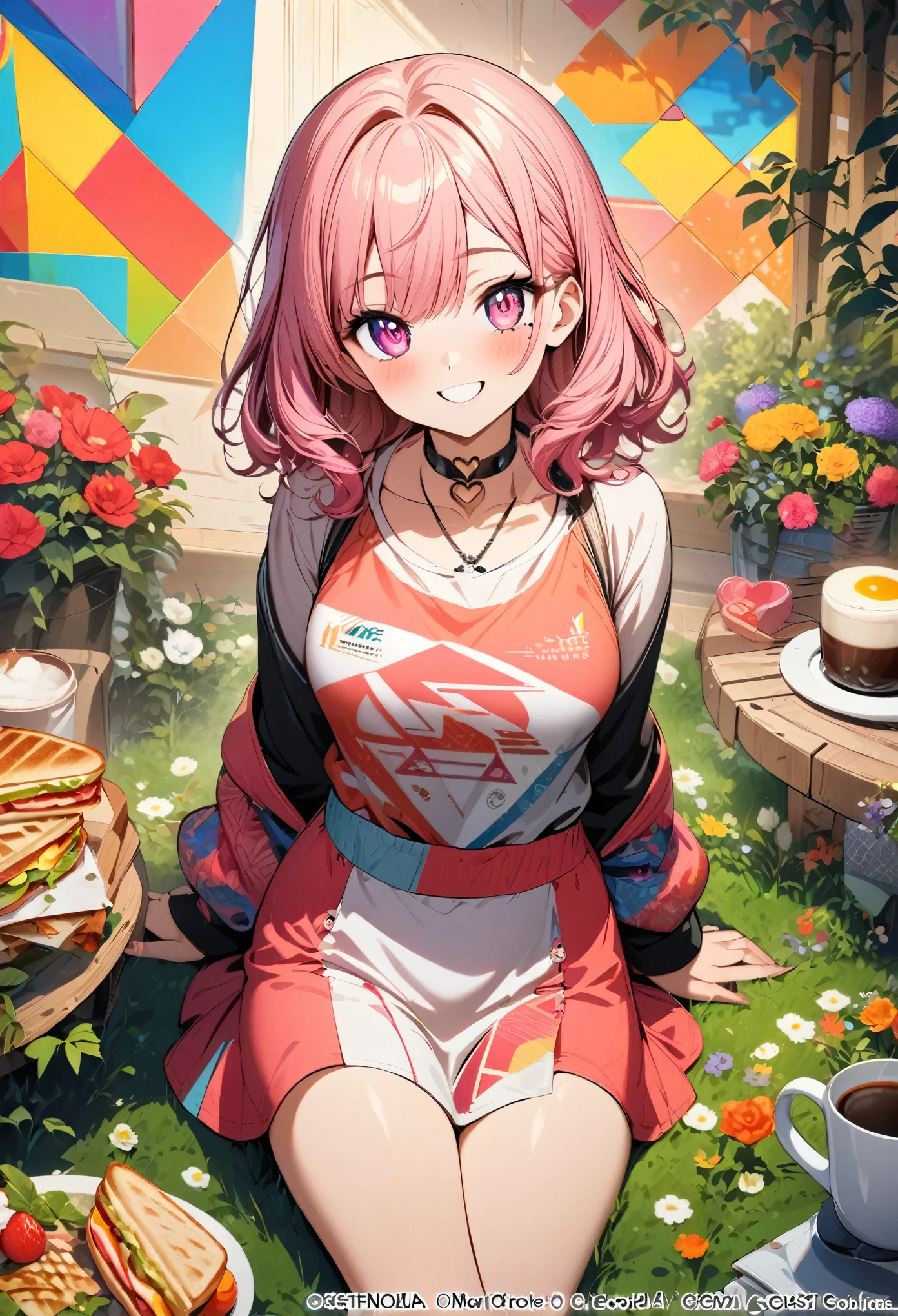 1 girl, long pink hair, heart-shaped eyes, {girl with medium-long pink hair, name Nami}, (pink eye color), {breakfast, fried egg, sandwich, coffee}, (smile), bright background , mole under eye, heart-shaped choker, (masterpiece, top quality), very detailed, top quality, official art, beautiful and aesthetic: 1.2), (1 girl), very detailed, (geometry art: 1.3) , colorful, most detailed one girl, symbol eyes, (garden, beautiful flowers)