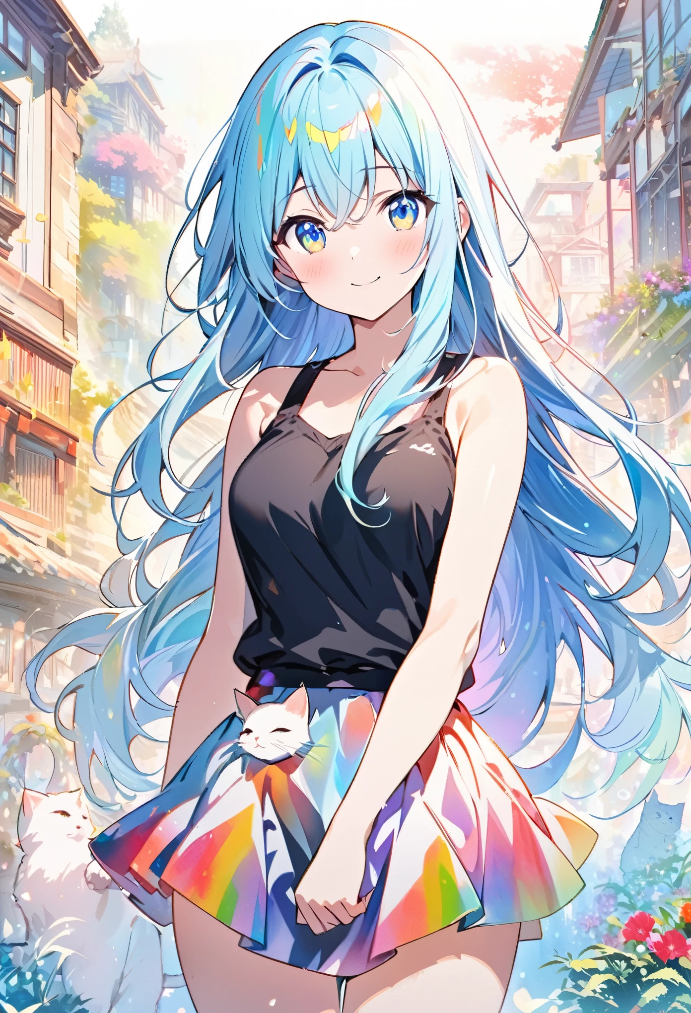 Japanese anime, a Kitten、and a girl, Under the rainbow sky, Kitten, Carefully written, Smiling cute girl, Kitten, And flowers, Bold and powerful lines, Vibrant, thick paint, Light solid colors. background, Beautiful evidence, Maximum resolution 16K, beautiful anime girl betrayed by a Kitten, Long Hair, Kitten, Beautiful gentle eyes with light cyan highlights, キラキラ輝くbackground, gentle air with diamond highlights Beautiful girl with good bright colorful hair, Black tank top and mini skirt, Intense watercolor, colorful, Honeydew and Diamonds, Light cyan and white with light effect, wallpaper, architecture, high quality, high resolution, Large amount of drawing , Pixiv illustration, Transparency, Japanese anime, Upper Body, White Tone, Delicate brushwork, Unique colors