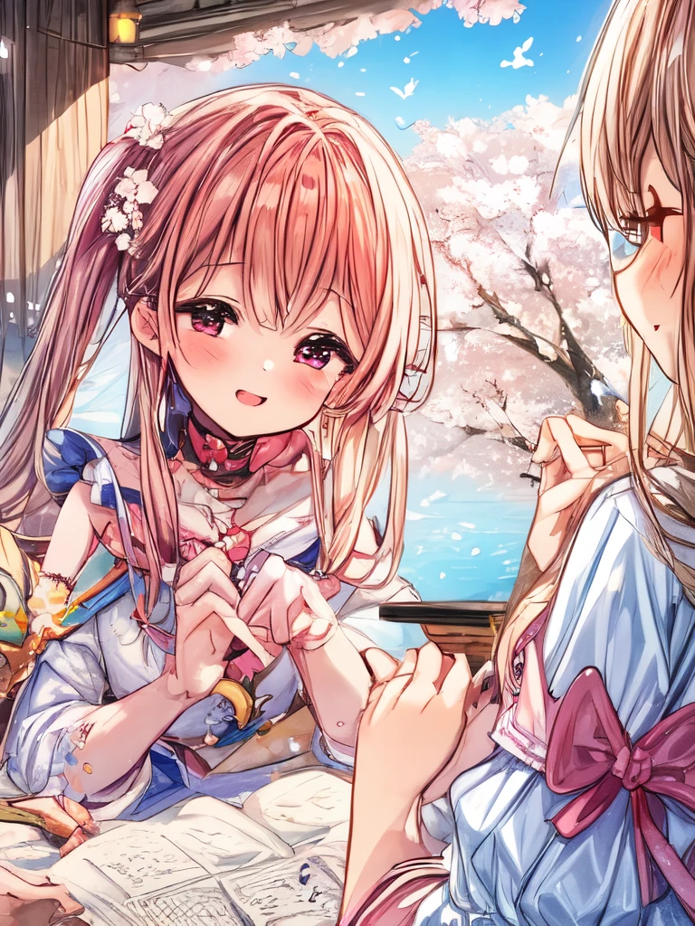 Write a story about a group of girls having a cherry blossom viewing party with a nightingale, seen from the perspective of the bird.
