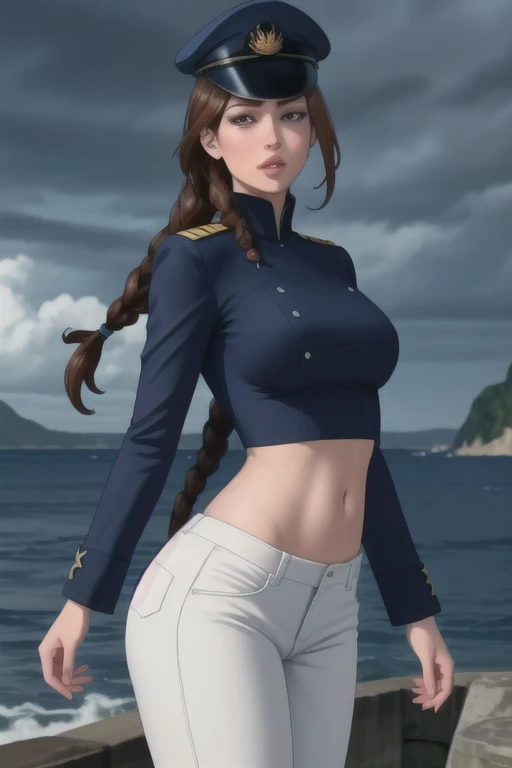 ultra realistic 8k, picture-perfect face, flawless, clean, masterpiece, perfect face, beautiful face, extremely detailed eyes,   a woman admiral, standing on a pier overlooking the seas, solo, detailed eyes, beautiful, looking at viewer, (dynamic pose), water, confident pose, stormy sea, storm, wind, (dark theme:0.85), small breasts, (white parade pants, blue admiral uniform, blue parade uniform, admiral hat),  hyperrealistic photography, extremely detailed CG unity 8k wallpaper, HDR, RAW photo, dslr, intricate detail, cute, magical, enchanting, parted lips, vibrant lighting, vibrant colors, (masterpiece, best quality, ultra-detailed, best shadow), perfect female body perfect female waist, photography BREAK  long hair, crownbraid, chestnut brown hair, ponytail, crownbraid tie, (pronounced blush) , (button off:-1.0)