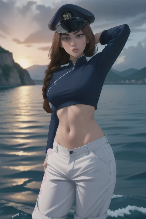 ultra realistic 8k, picture-perfect face, flawless, clean, masterpiece, perfect face, beautiful face, extremely detailed eyes,   a woman admiral, standing on a pier overlooking the seas, solo, detailed eyes, beautiful, looking at viewer, (dynamic pose), water, confident pose, stormy sea, storm, wind, (dark theme:0.85), small breasts, (white parade pants, blue admiral uniform, blue parade uniform, admiral hat),  hyperrealistic photography, extremely detailed CG unity 8k wallpaper, HDR, RAW photo, dslr, intricate detail, cute, magical, enchanting, parted lips, vibrant lighting, vibrant colors, (masterpiece, best quality, ultra-detailed, best shadow), perfect female body perfect female waist, photography BREAK  long hair, crownbraid, chestnut brown hair, ponytail, crownbraid tie, (pronounced blush) , (button off:-1.0)