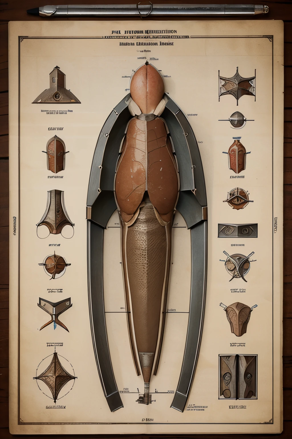 Highly detailed technical drawing of a dick The illustrations should include a side view, cross-sections, and exploded views to show both the exterior and interior organs. Labeled parts with annotations specifying materials, dimensions, and other anatomic specifications. Style vintage engineering blueprint, and educational intent
