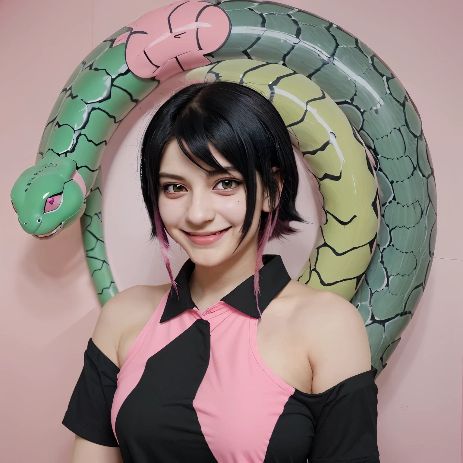 One with black hair with cute pink streaks in a square and wearing a black uniform with pink leon stripes and a green leon snake with a fire design looking to the side and smiling anime style in anime version with good quality
