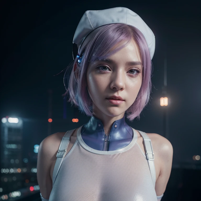 (8K, Raw foto, Best Quality, mastery:1.2), (realisitic, Realistis:1.37),(kpop-idol), (aegyo sal:1),Cute,Professional Lighting, photons mapping, radiosity, physics based rendering , , lucy \(The cyberpunk\), bob cuts, mechanical parts, Grey eyes, short soft pink hair, wearing white nurse cap and white Tight Suit with purple blue gradient essence, cyberpunk city, white pants, natta, neon lit, Sexy, smoke, looking up at viewer,, 8K High Resolution, 8K, CG wallpapers, realitic, clear background, Medium , Body