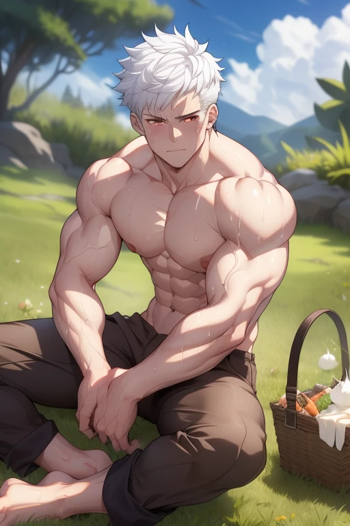 1man,Muscular, Short hair, red eyes, white hair, Grass, full body, Shirtless, Muscles sparkle in the sun, sweat, aroused, Brown pants, abs, looking at the viewer, Sit on grass, holding a boy in the lap, barefoot, perfect anatomy, picnic, basket, food, whipped cream all over body, bulge in pants