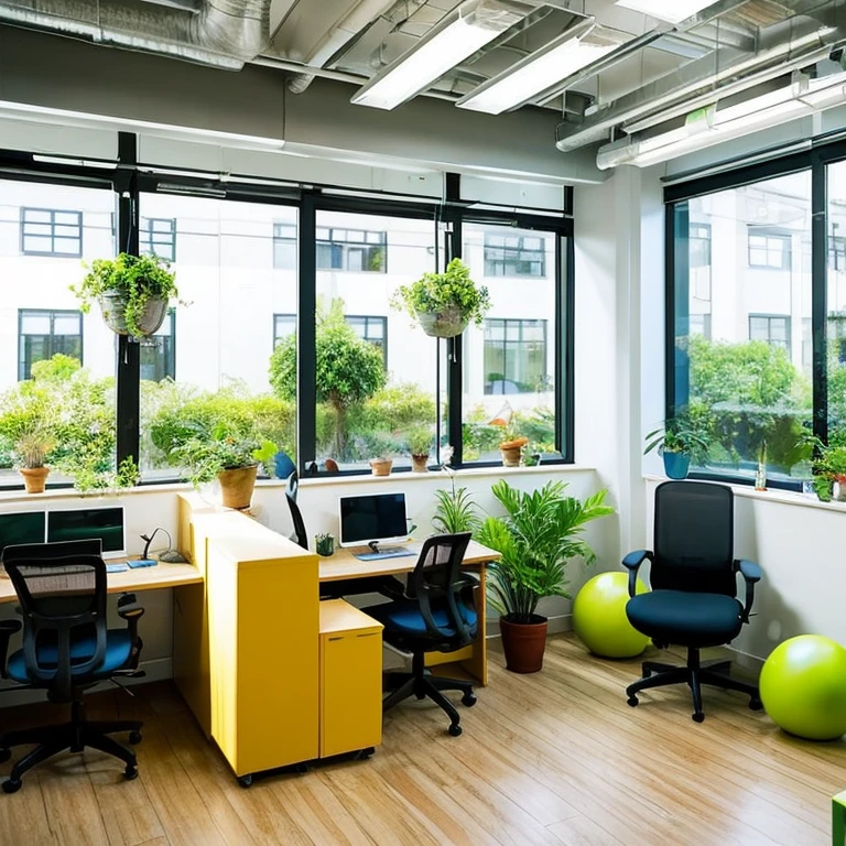 Create an ecological office that has desks with yoga ball chairs and that the rest area has plants and armchairs that serve to relax, in addition to having large windows that allow sunlight to enter and that the walls have positive messages and vibrant colors that The workstations are individual so that they have communication with each other
