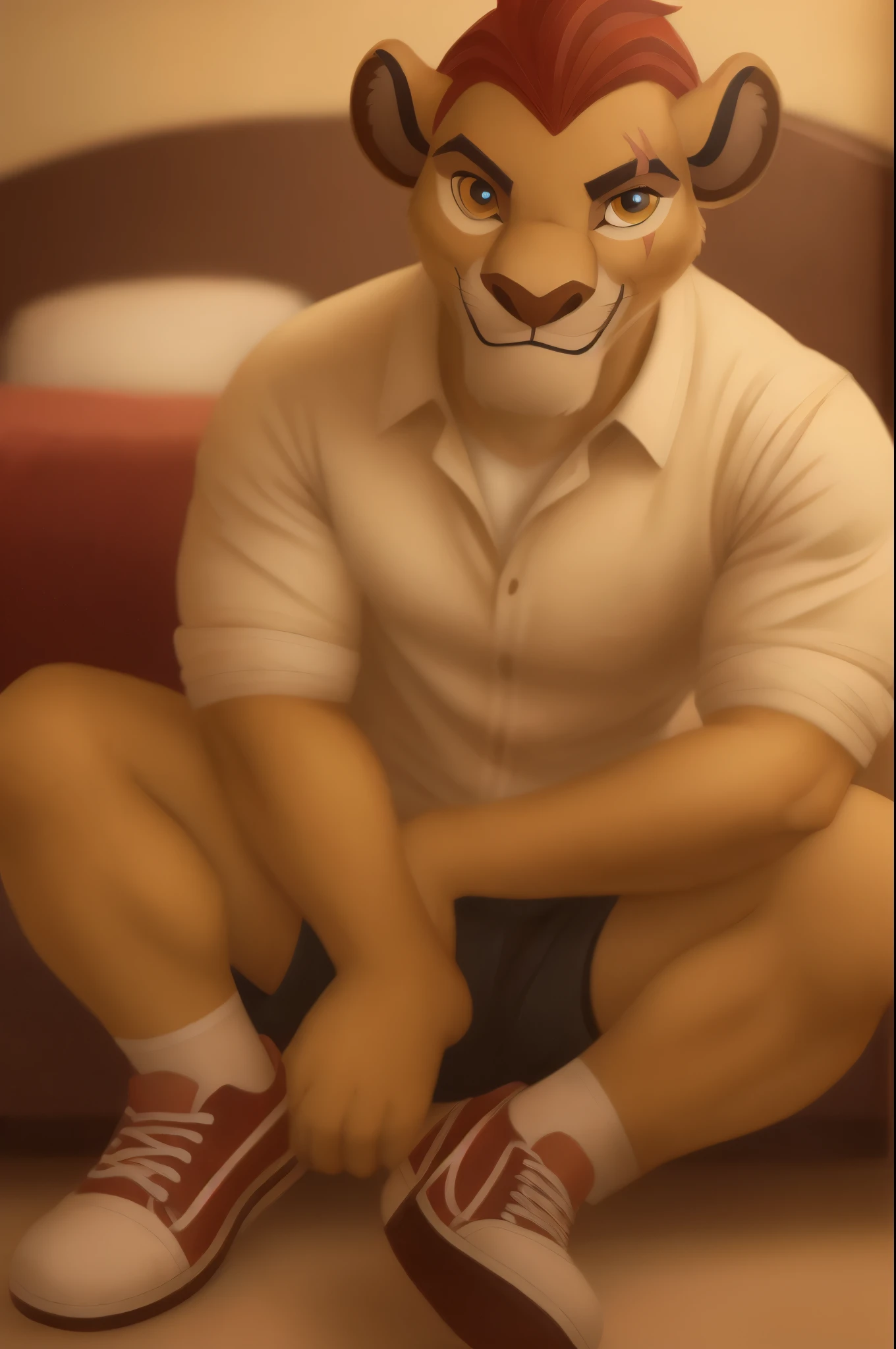 masterpiece, detailed, beautiful digital art, masterpiece, 4k, fine details, anthro, lion, Kion, male, ((masculine)), good quality anatomy, ((beautiful eyes)), red mane, ((beautiful hands, detailed hands)), clothing, casual clothing, bedroom, college dormroom, sitting on floor, shoes, ((wearing shoes)), (((detailed clothing))), (looking at viewer), smile, (((seductive smile))), looking at viewer, full body, scar, scar on left eye, by nommz