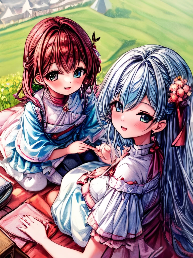 3 girls having a cherry blossom viewing party with a nightingale, seen from the perspective of the birdan aerial perspective, showing a bird's-eye view