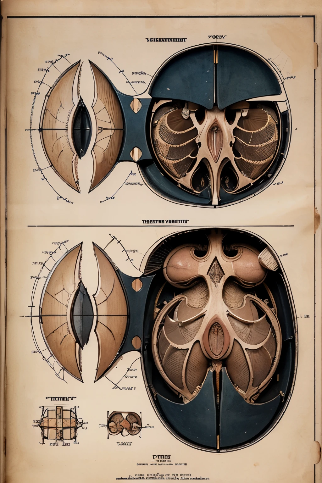 Highly detailed technical drawing of a pussy The illustrations should include a side view, cross-sections, and exploded views to show both the exterior and interior organs. Labeled parts with annotations specifying materials, dimensions, and other anatomic specifications. Style vintage engineering blueprint, and educational intent