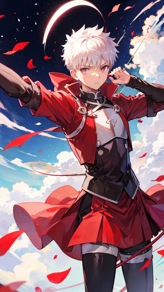 Emiya shirou archer from fate aiming with the bow and the arrow is shining in red
