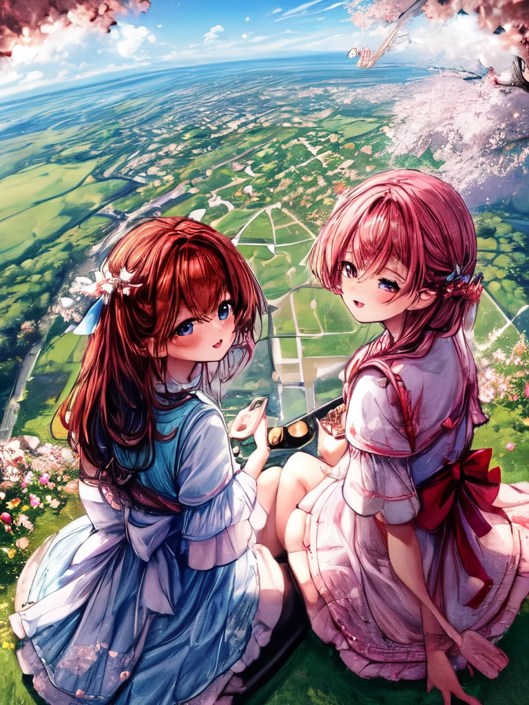 3 girls having a cherry blossom viewing party with a nightingale, seen from the perspective of the birdan aerial perspective, showing a bird's-eye view