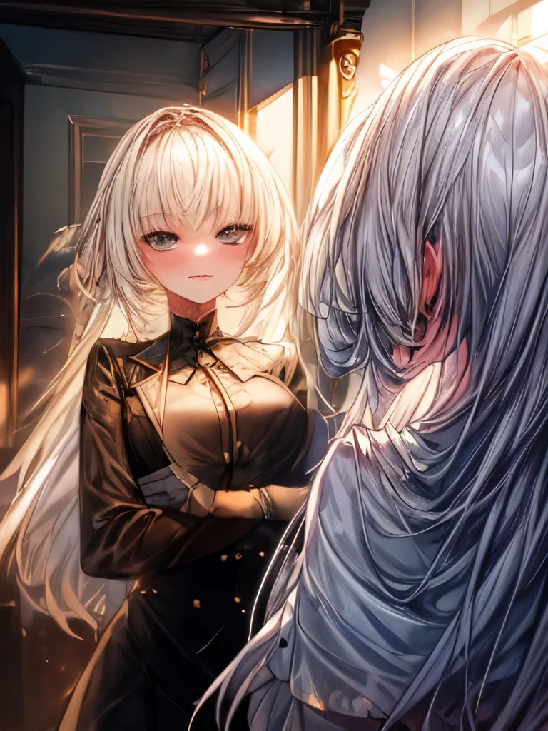 A young woman wearing a suit standing in front of a mirror in a girl's room on a spring morning. The sunlight softly illuminates the room and highlights the woman's.shiny