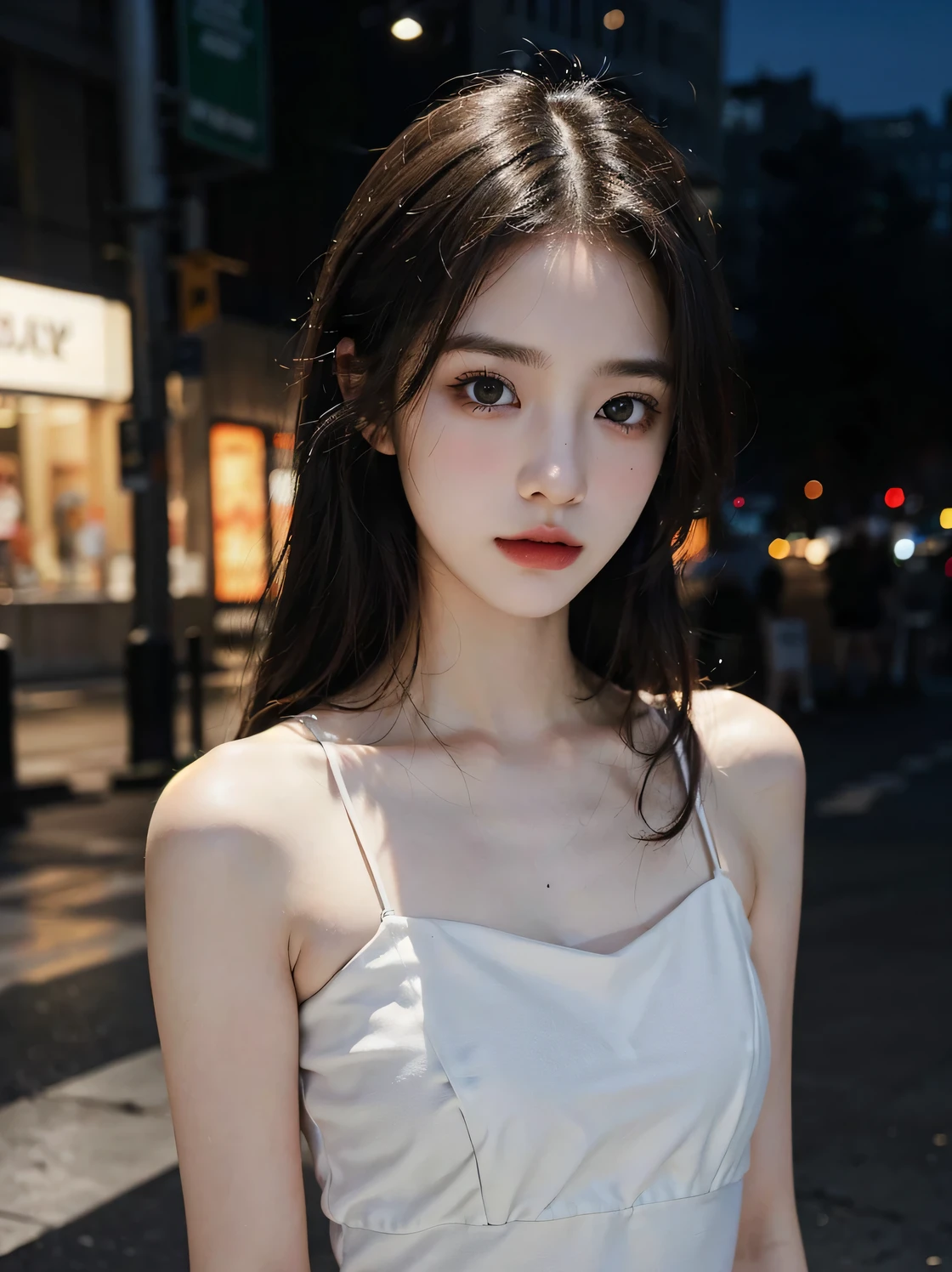 1girl, (looking at viewer:1.2), detail face, (a girl standing, rending on cgsociety, black shadows, streaming, new york backdrop), romanticism, atmospheric, (RAW photo, best quality), (realistic, photo-realistic:1.3), masterpiece, an extremely delicate and beautiful, extremely detailed, Translucent white tube top1.5，