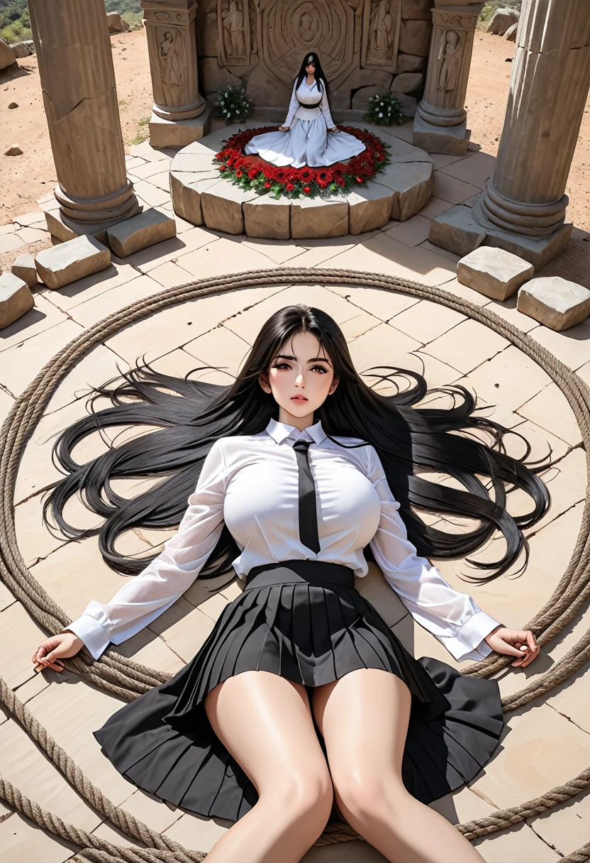 Italian girl, 25 years old, very long black hair, gigantic breasts, thin, wearing a white shirt and a black pleated miniskirt, she is lying at the altar of a megalithic circle, her arms and legs are tied with ropes to the altar, she has a slave collar