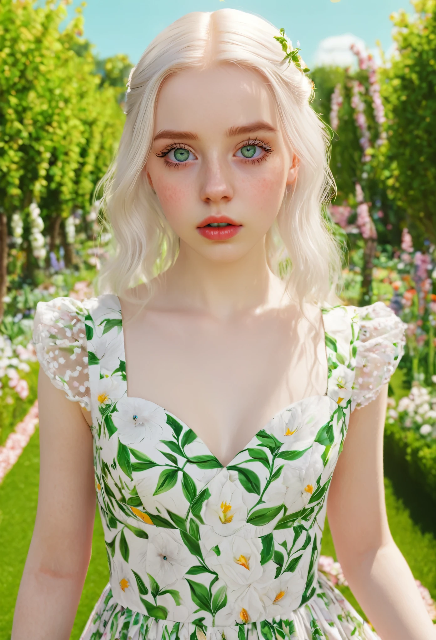 (best quality,4k,highres,masterpiece:1.2),ultra-detailed,(realistic:1.37),beautiful detailed eyes,beautiful detailed lips,extremely detailed eyes and face,long eyelashes,single albino girl with heterochromia,slytherin-inspired green eye,white eye,girl wearing a floral dress,girl standing in a blooming garden with vibrant colors,soft sunlight