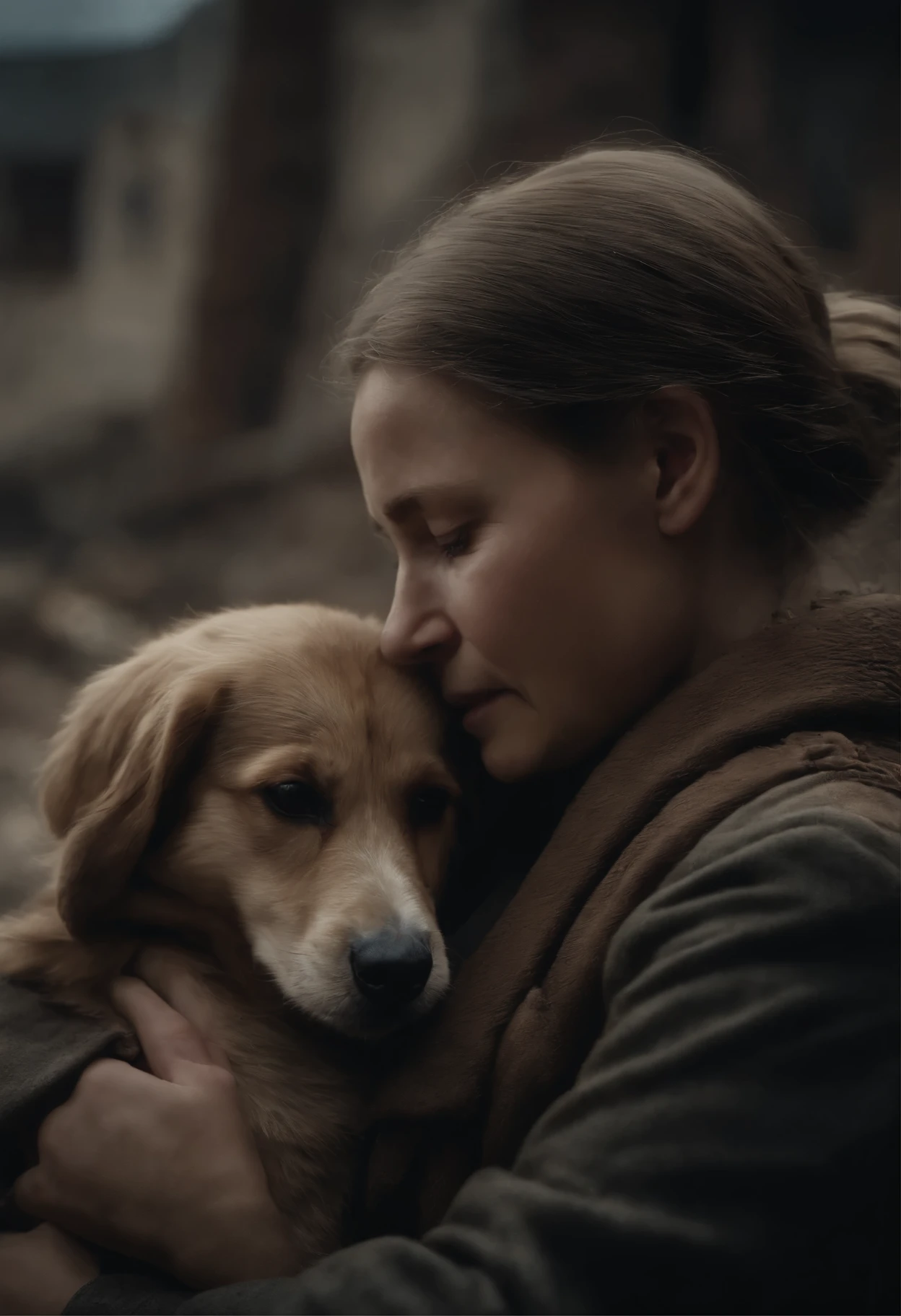 Rusia, mother and daughter hugging crying the death of their little brother in the war, edificios destrozados, un perro busca alimento entre la basura