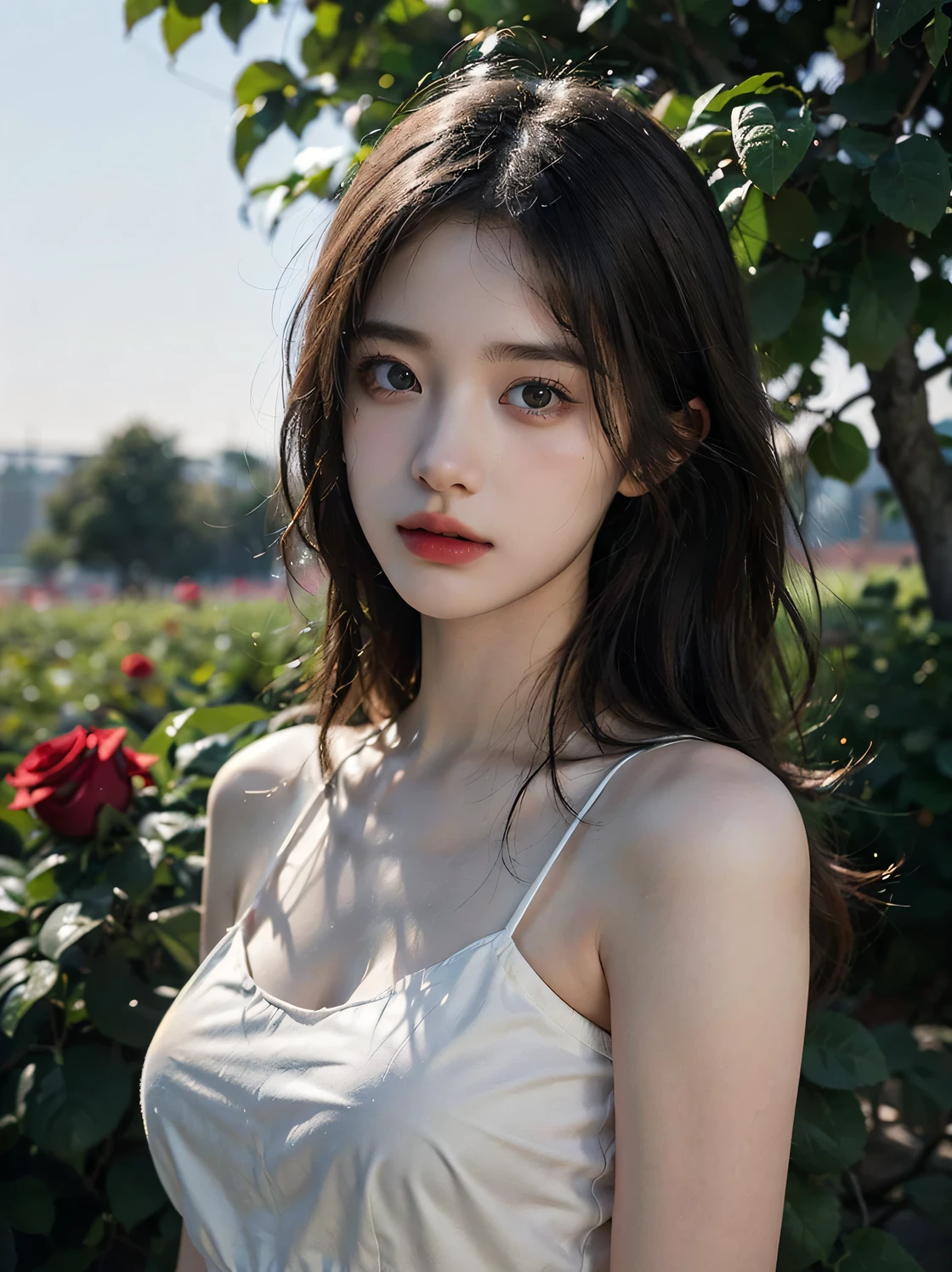 1girl, (looking at viewer:1.2), detail face, (a girl standing, rending on cgsociety, black shadows, Rose bush backdrop), romanticism, atmospheric, (RAW photo, best quality), (realistic, photo-realistic:1.3), masterpiece, an extremely delicate and beautiful, extremely detailed, D cup,Translucent white tube top1.5)