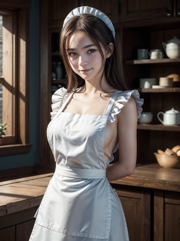 masterpiece, best quality, ultra-detailed, illustration,1girl, looking at viewer, best quality,depth of field,(closed mouth,light smile,blue eyes:1.1),beautiful detailed glow , (apron:1.3),(hands behind back:1.3),(arms behind back:1.3),blaze (arknights),