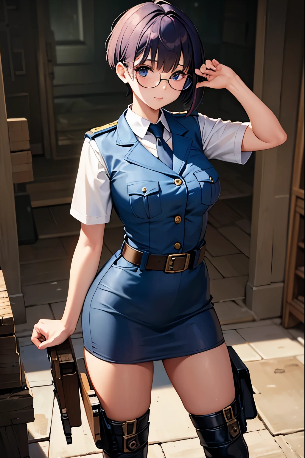 Wide angle, a pretty girl messenger, wearing large glasses, undercut hair, wearing postal uniform, in a post-apocalyptic world