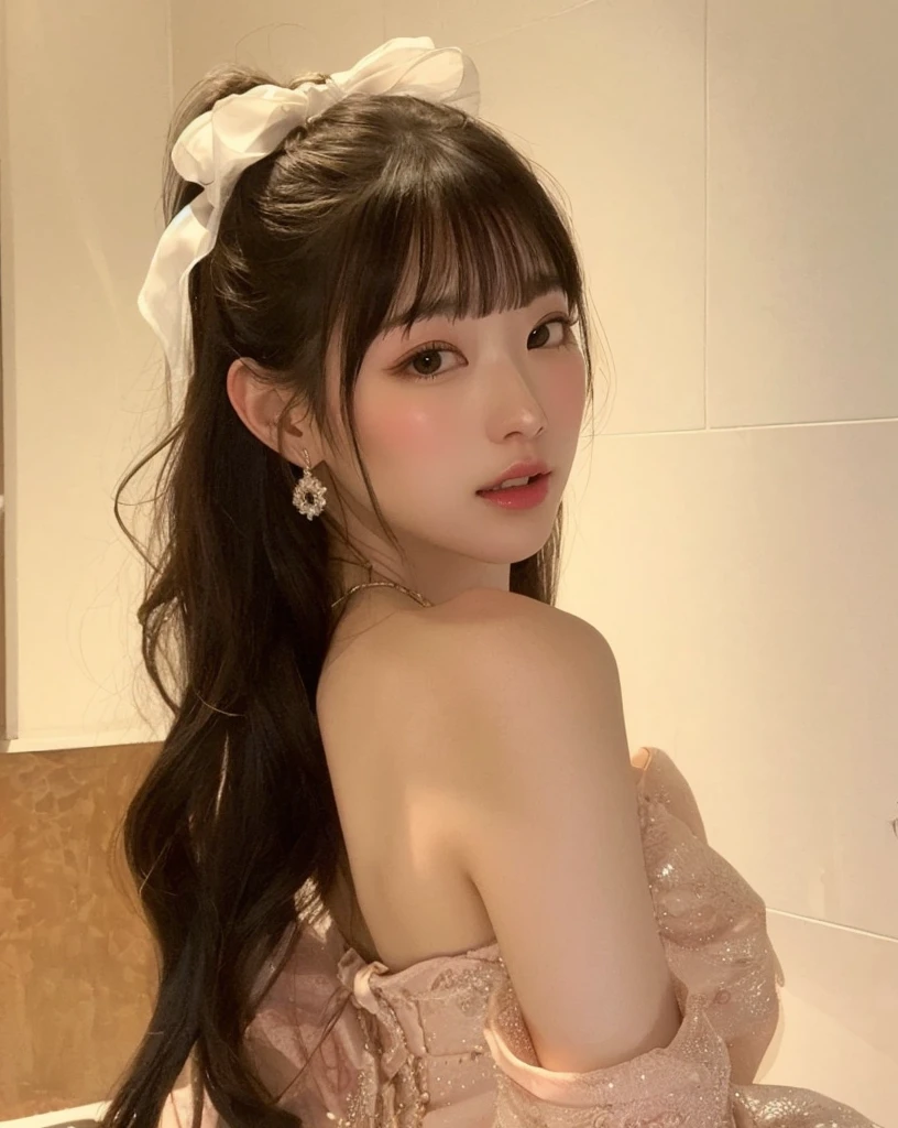 There&#39;s a young girl with a bow in the bathroom, penteado com corte hime branco, lalisa manobal, Shikamimi, cabelo longo com franja completa, o corte Hime, chiho, Ulzzang, sakimichan, cabelo longo com franja, Bela Delfina, Yoshitomo Nara, franja cacheada e rabo de cavalo