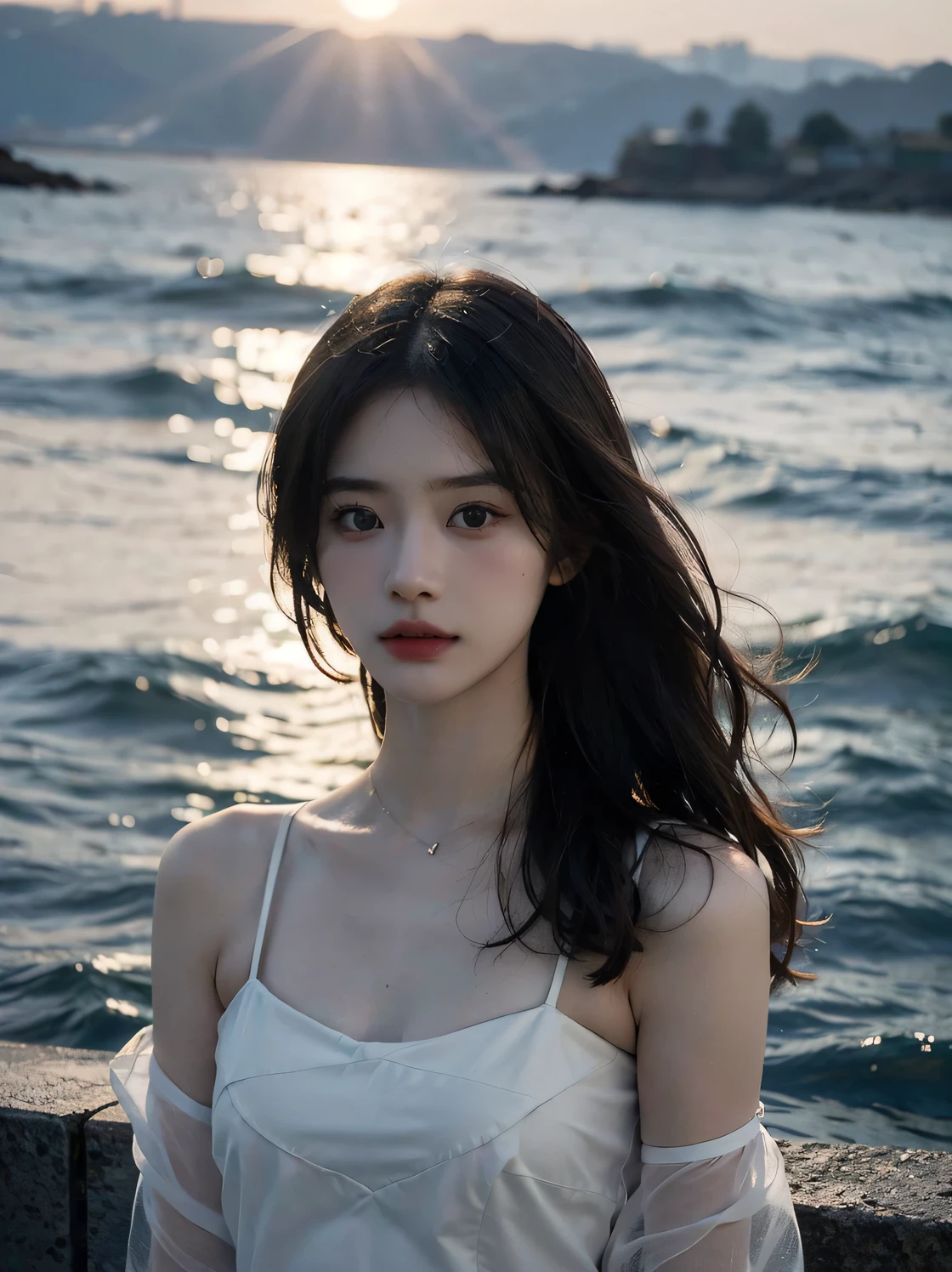 1girl, (looking at viewer:1.2), detail face, (a girl standing, rending on , black shadows, sun falling and sea backdrop，D cup，White tube top 1.5), romanticism, atmospheric, (RAW photo, best quality), (realistic, photo-realistic:1.3), masterpiece, an extremely delicate and beautiful, extremely detailed,
