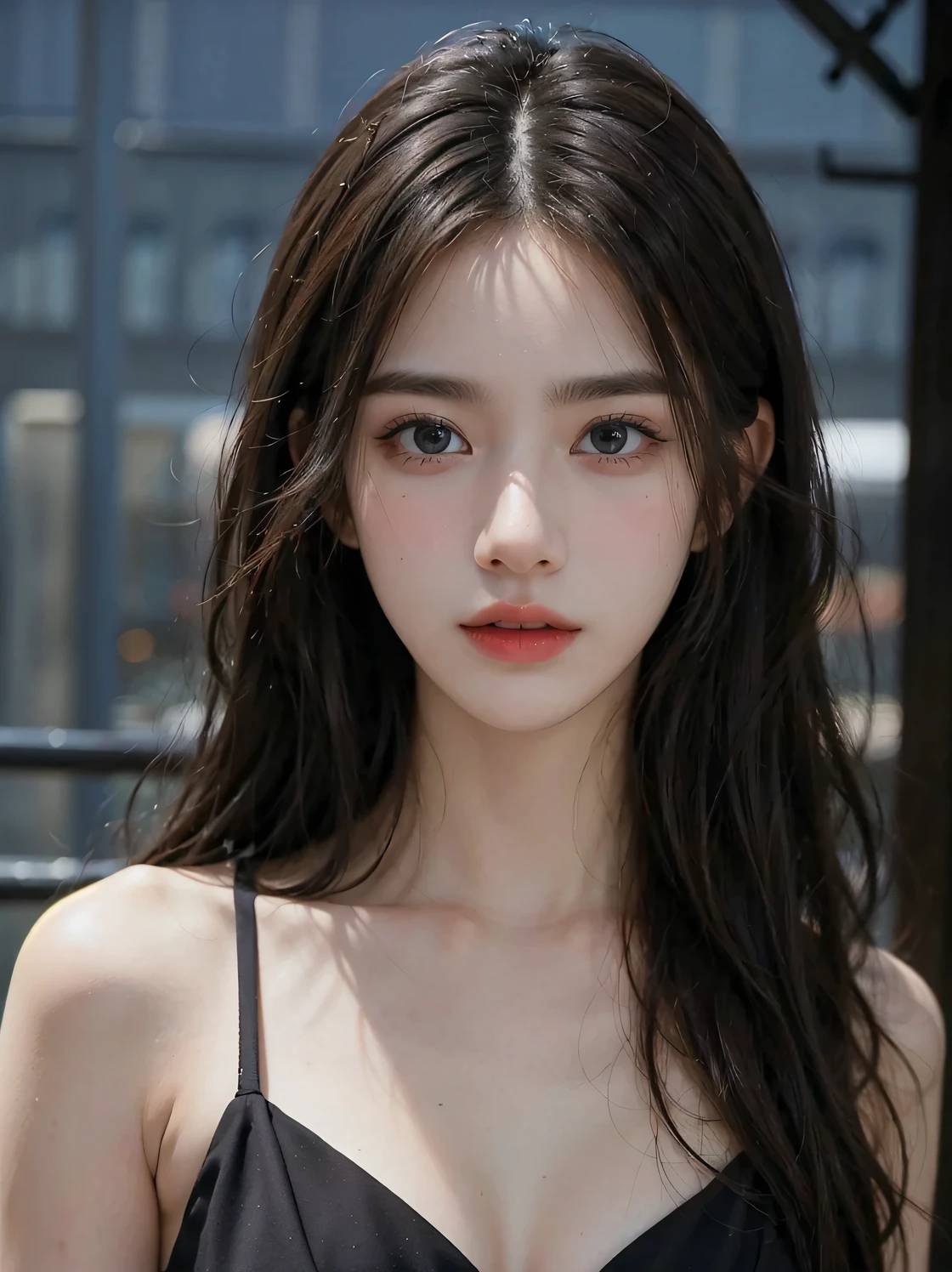 1girl, (looking at viewer:1.2), detail face, (a girl standing, rending on cgsociety, black shadows, streaming, new york backdrop), romanticism, atmospheric, (RAW photo, best quality), (realistic, photo-realistic:1.3), masterpiece, an extremely delicate and beautiful, extremely detailed, D cup