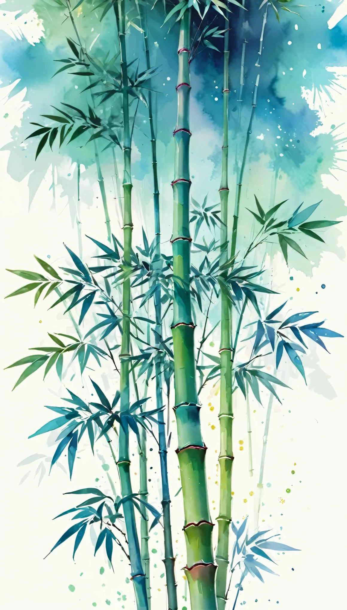 A single delicate Bamboo tree, centered, illustration design, flat design, Styles watercolor and ink splashes, detailed strokes, vibrant shades bright color palette, watercolor splashes, flat design, ethereal,4k