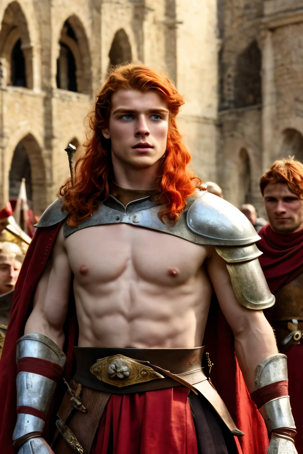 A young man, red hair, European medieval scene, medieval warrior, shirtless, pecs, abs, handsome, attractive boy, European boy, best quality, cinematic, the most handsome boy, strong jaw, harmonious face, focus in the boy, heroic, medieval hero, photo realism, movie scene, Charming prince, pale skin, white skin