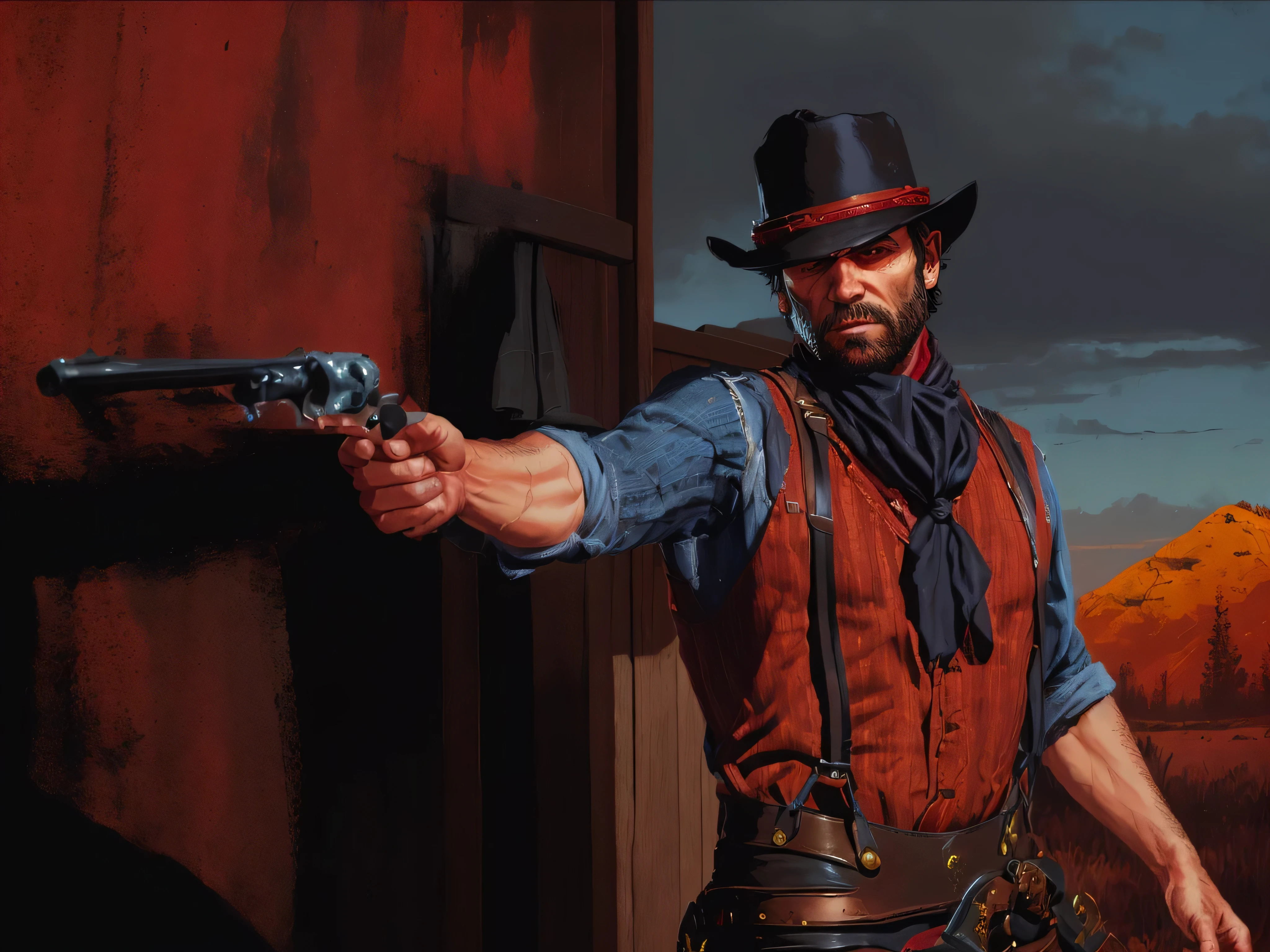 Estilo R3DD34D, retrato digital, Arthur Morgan, TRISTE, cowboy hat, black scarf, black suspenders , camisa azul, black pants, Red Sky,
