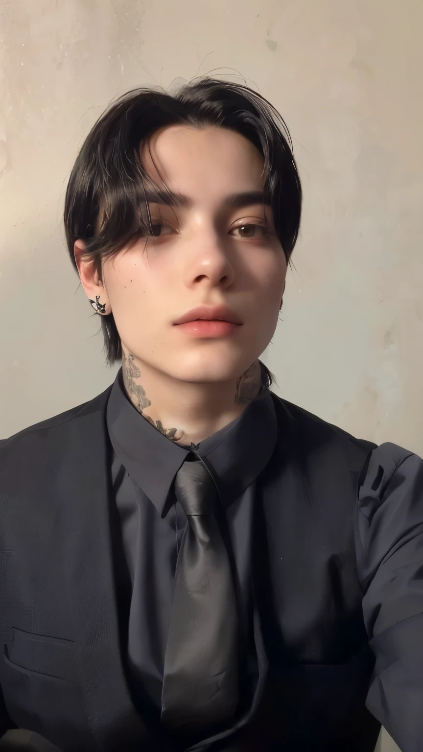 hay un hombre con corbata y traje, androgynous person, taken in the early 2020s, headshot foto de perfilture, contraction transmitter / jugador ludwig, androgynous face, con pelo negro, androgynous man, Foto de perfil, foto de perfil, delicate androgynous prince, around 19 years, con su largo cabello negro