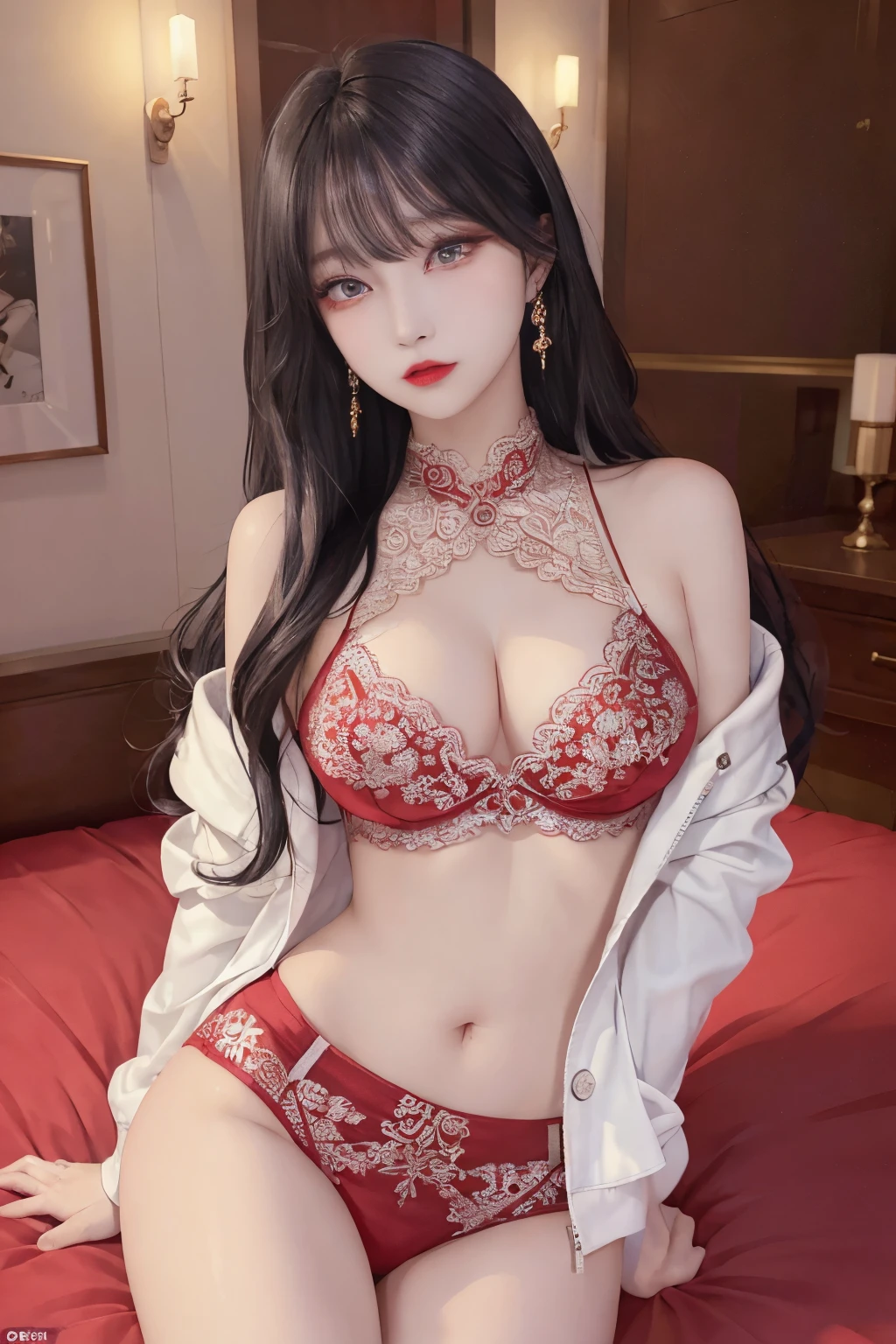Top image quality、Raw photography、A high resolution、20-year-old cool Korean、big round chest、silk jacket、sexy red lace underwear、Beautiful Eyes of Details、very elongated eyes、Beautiful eyelashes、Beautiful double eyelids、eyeshadows、long legs,medium thighs, beautiful eyes finely detailed、elongated eyes、long eyeslashes、Beautiful double eyelids、eyeshadows、earrings、shiny skin、 1 girl, solo,