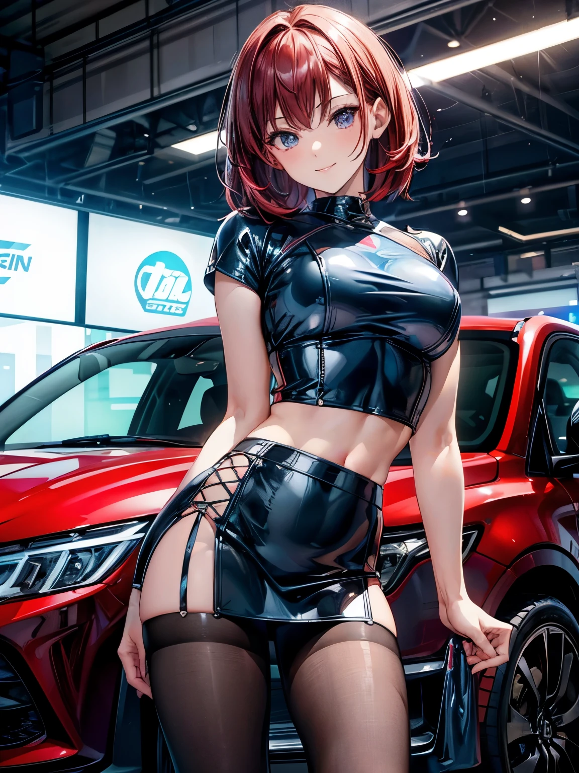 highest quality、Nice sexy body、One Woman、solo、(Beautiful busty woman:1.5)、Medium hair woman、((Woman with dark red hair))、Race Queen、Campaign girl、A woman wearing a blue patent leather short top、A woman wearing a top with a logo、A woman wearing a blue patent leather miniskirt、A woman wearing brown pantyhose、Standing woman、event venue、motor Show、smile、Sexy pose