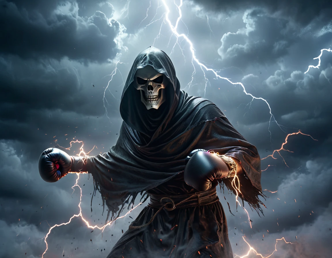 ((An old man boxing with the grim reaper:1.6)), hyper-realistic, masterpiece, epic background with lightning, HD 8k, ultra-detailed, realistic:1.37, dark and dramatic, studio lighting, intense showdown, dynamic action, powerful punch, fierce expression, aged face, muscular build, worn-out boxing gloves, tattered clothes, intense focus, stormy weather, creepy atmosphere, life-and-death struggle, intense emotions