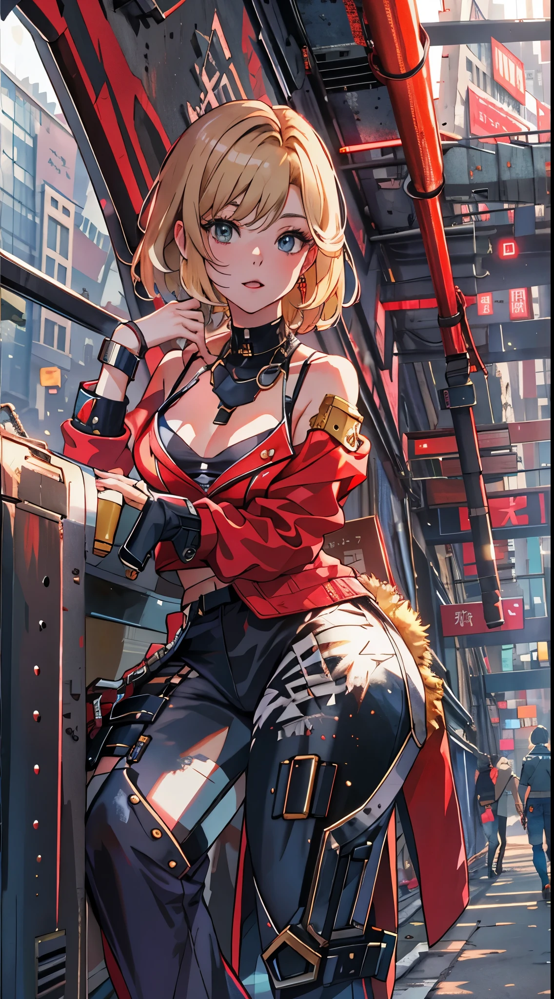 tmasterpiece,, Best quality at best, A high resolution, 1girll,Off-the-shoulder attire，， with short golden hair，Red clotheary，hason, Crop top, (Breast width1.4), nabel，Fighting posture，cyber punk perssonage，City streets