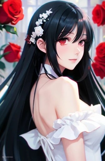 anime girl with long black hair and a white dress with red roses, guweiz, guweiz on pixiv artstation, detailed digital anime art, beautiful anime girl, guweiz on artstation pixiv, anime style 4 k, kawacy, beautiful anime portrait, detailed portrait of anime girl, beautiful anime woman, detailed anime art