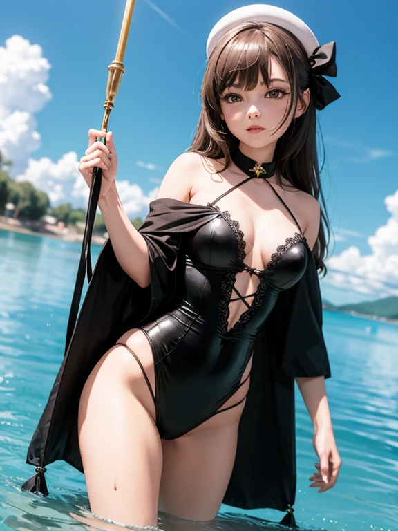 (Best quality, High accuracy, Very detailed:1.2), Girl, Lifting over water, Magician's costume, Detailed face, Tailored clothing, look down, From the bottom,Glowing eyes, Surrealism, Robe - Robe,