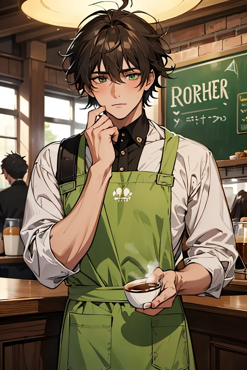 (masterpiece, best quality, highres, ultra-detailed) young man with dark hair hair, messy hair, coffee shop, wearing a green apron, handsome man, anime, blushing,