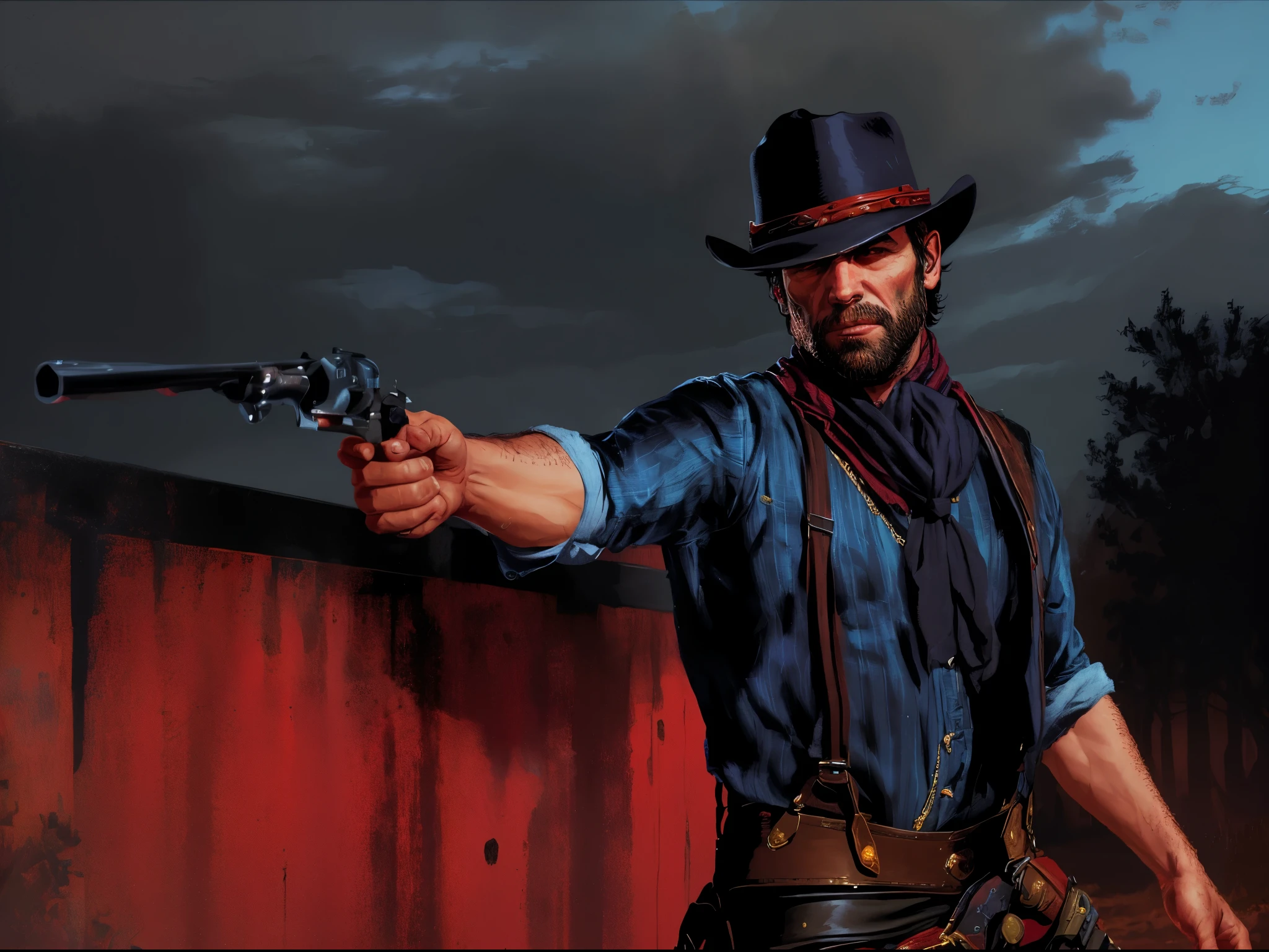 Estilo R3DD34D, retrato digital, Arthur Morgan, TRISTE, cowboy hat, black scarf, black suspenders , camisa azul, black pants, Red Sky,