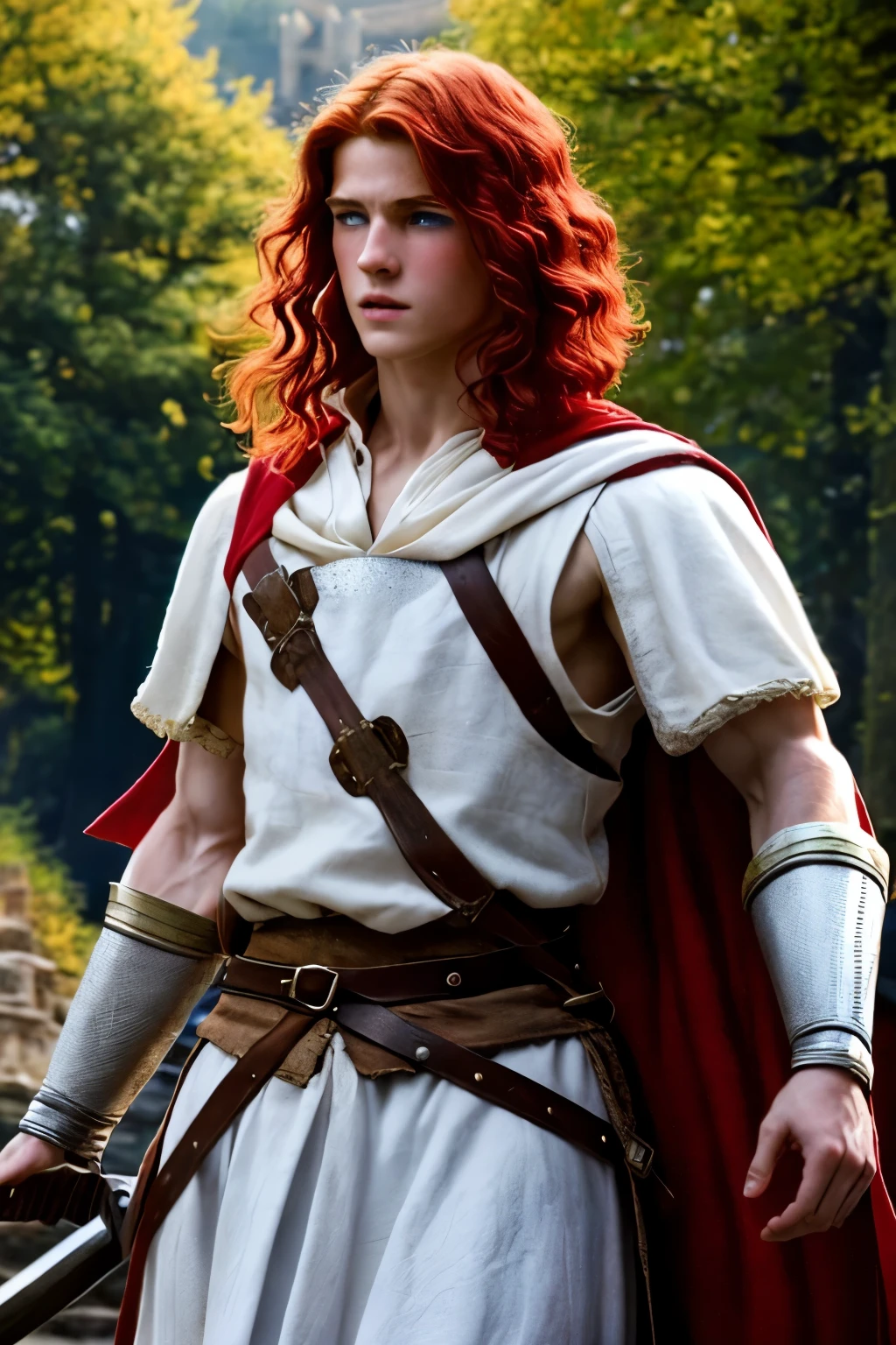 A young man, red hair, European medieval scene, medieval warrior, shirtless, pecs, abs, handsome, attractive boy, European boy, best quality, cinematic, the most handsome boy, strong jaw, harmonious face, focus in the boy, heroic, medieval hero, photo realism, movie scene, Charming prince, pale skin, white skin