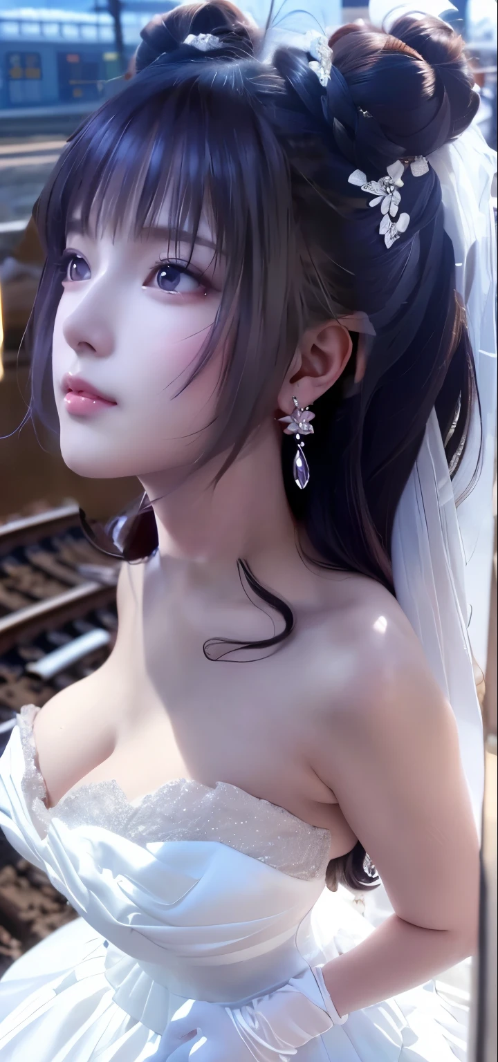 (((Pixel Perfect, Perfect details))), Solitary, 1 girl,bride, yuigahama yui, Keep your mouth shut,pink glossy lips,bride子穿著bride禮服的特写,Gulwitz, (((bride頭紗))),(Transparent short veil),blush,Eyeshadow,Blushing face,Head flower,headgear,((Bouquet)),((((tube top wedding dress)))),(((Strapless Wedding Dress))),(Bare shoulders),Pure white dress,(necklace),((earrings)),(large breasts:1.3),Bangs,Lipstick,((White long elbow gloves)),Half-length photo,High Detail RAW Color Art,White long skirt,There is a railway track next to it,(standing on the railroad tracks:1.3),18 years old, (Long twin tails:1.5),(Double bun:1.5), Black Hair,Rainy Day