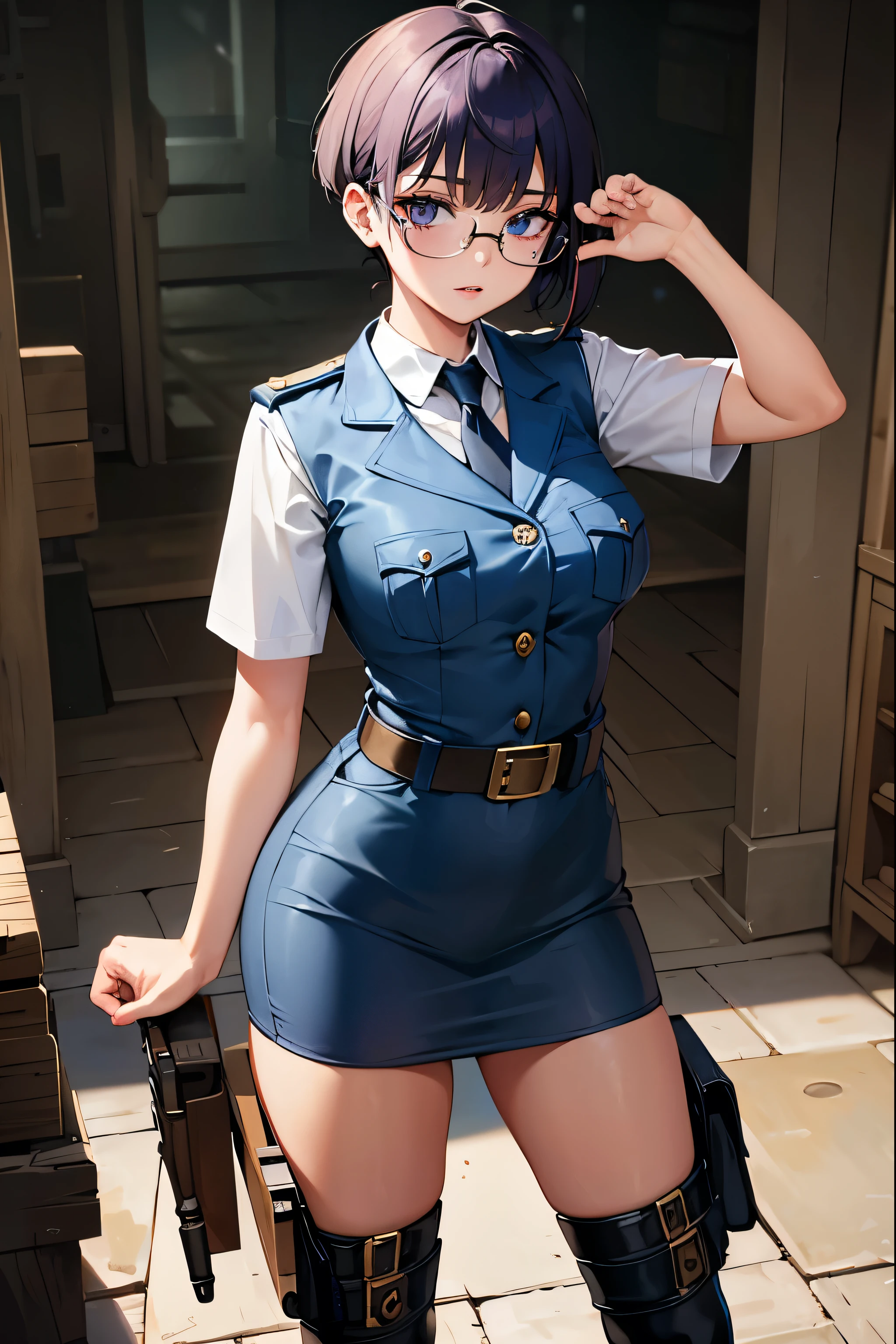 Wide angle, a pretty girl messenger, wearing large glasses, undercut hair, wearing postal uniform, in a post-apocalyptic world