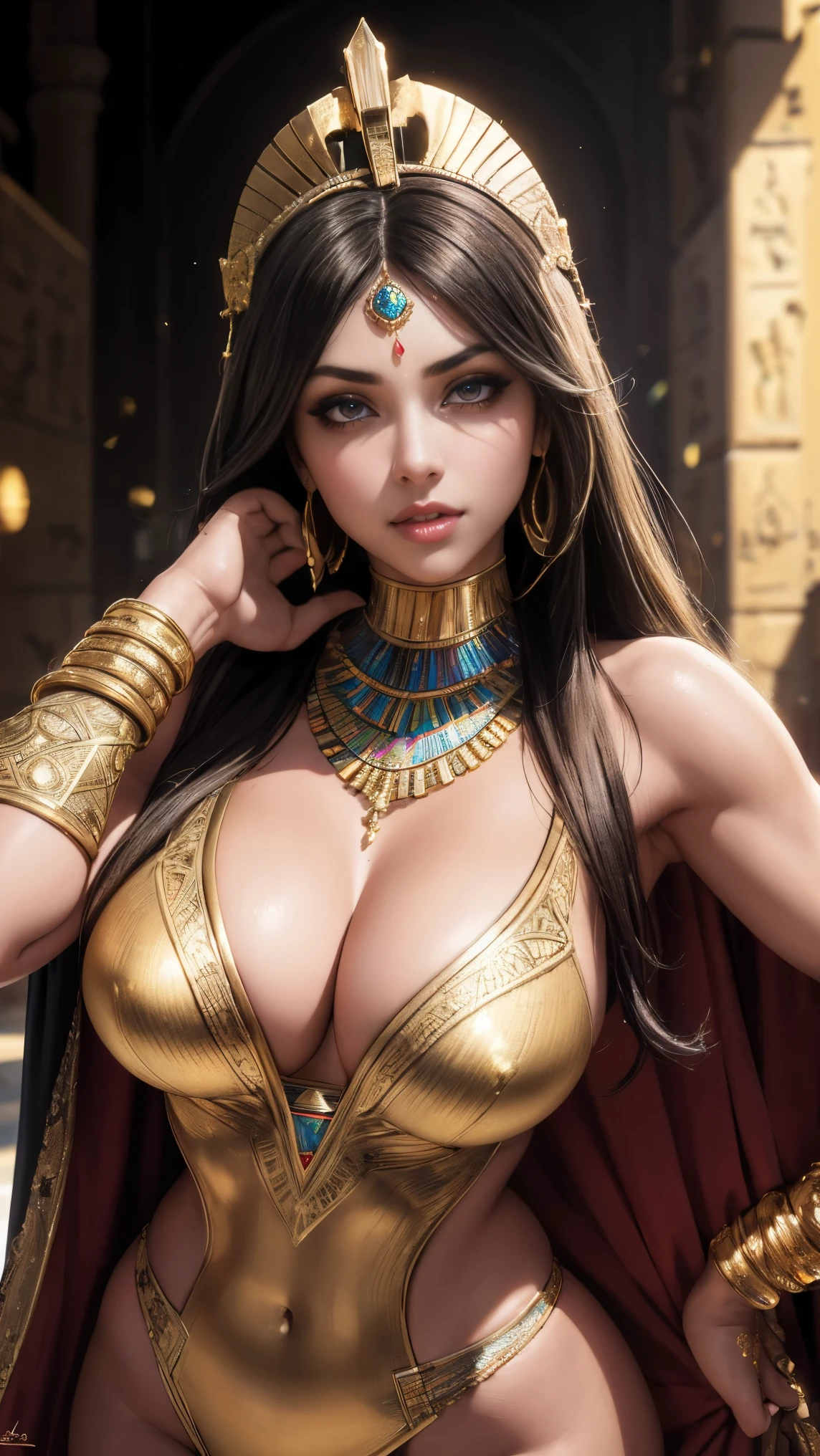 (best quality,4k,8k,highres,masterpiece:1.2),ultra-detailed,beautiful detailed eyes,beautiful detailed lips,extremely detailed eyes and face,longeyelashes,sexy Egyptian super heroine,golden jewellery,flowing dark hair,strong and muscular body,confident and powerful pose,colorful and vibrant outfit,intricate and intricate patterns,HDR,UHD,studio lighting,sharp focus,physically-based rendering,vivid colors,bokeh,ancient Egyptian art style,warm and vibrant color palette,magical golden lighting