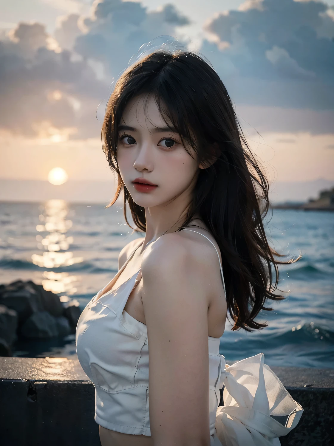 1girl, (looking at viewer:1.2), detail face, (a girl standing, rending on , black shadows, sun falling and sea backdrop,D cup,White tube top 1.5), romanticism, atmospheric, (RAW photo, best quality), (realistic, photo-realistic:1.3), masterpiece, an extremely delicate and beautiful, extremely detailed,