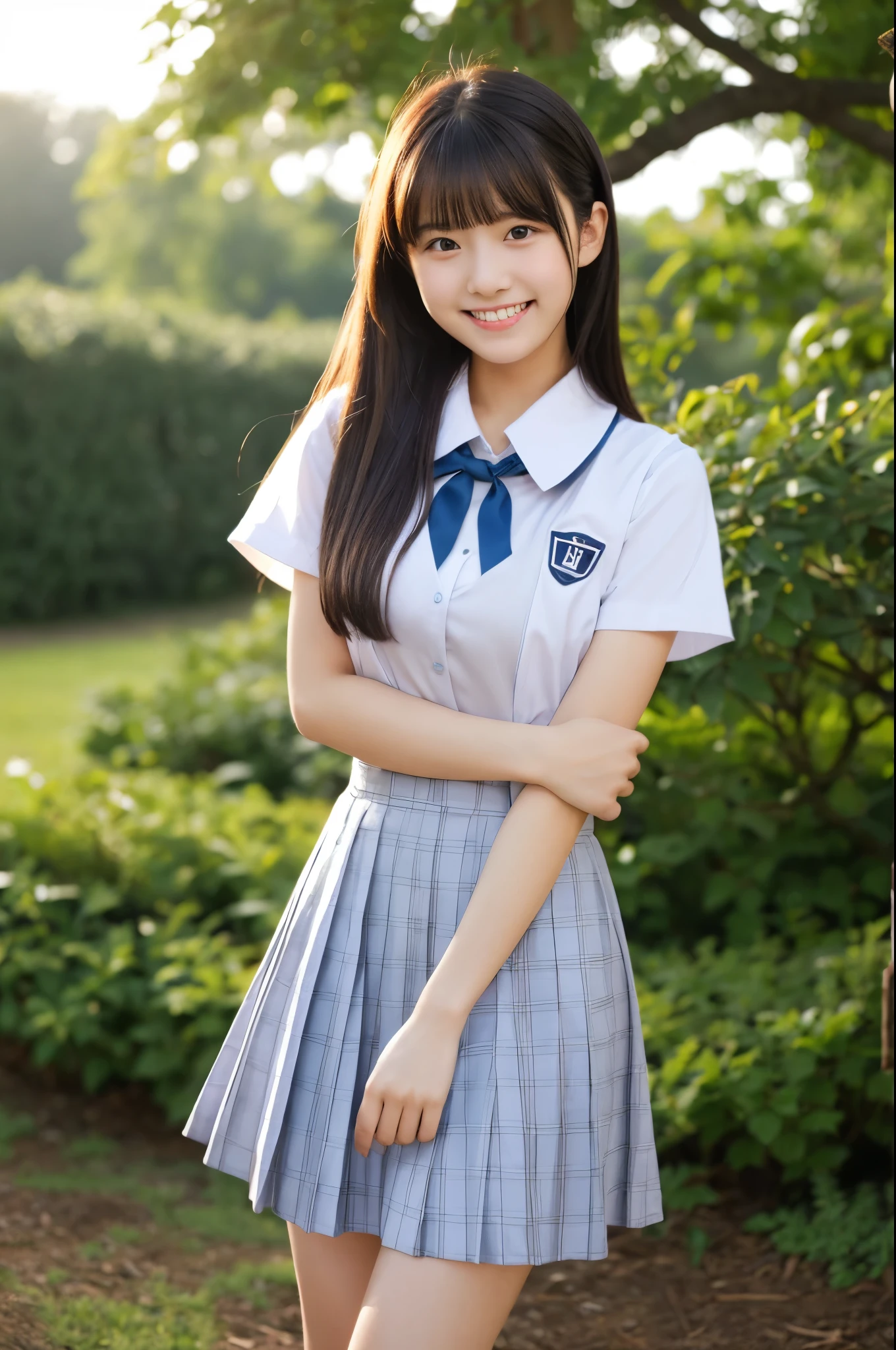 cute,  アイドルのようにcute16歳の高校生、High School Uniform、Young cute face、Very short、Smiling Kindly、High school suburban classes、High はCleavageが見えるデザイン、Small breasts、Cleavage、Forest Park、Dim lighting、whole body、RAW Photos、Genuine、Real、realism、Raw photo、High resolution、Life、No copyright notice