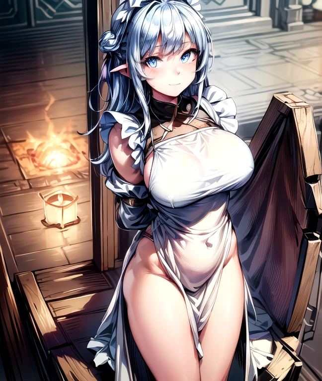 masterpiece, best quality, ultra-detailed, illustration,1girl, looking at viewer, best quality,depth of field,(closed mouth,light smile,blue eyes:1.1),beautiful detailed glow , (apron:1.3),(hands behind back:1.3),(arms behind back:1.3),blaze (arknights),