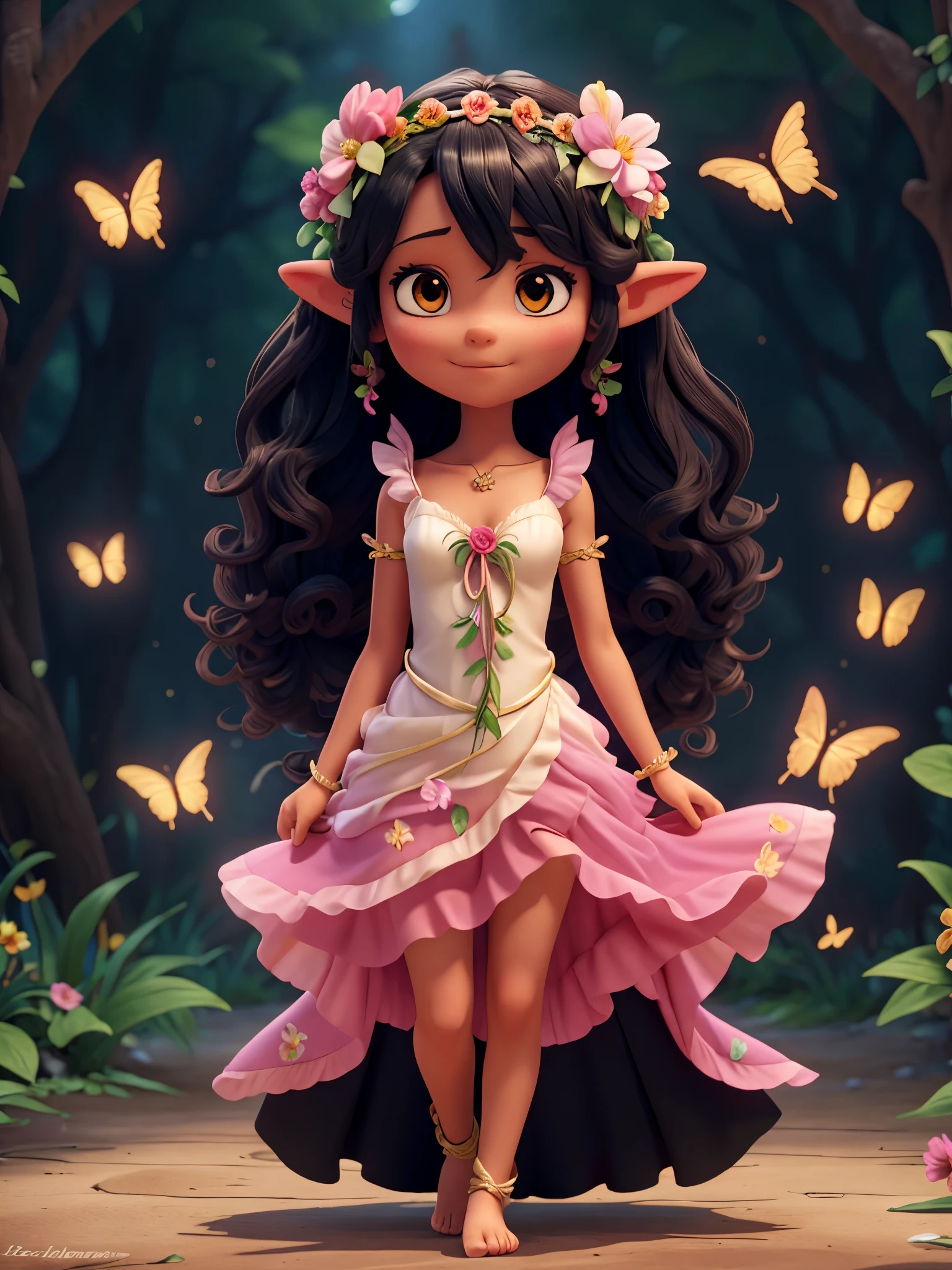 fairy, with large colorful wings decorated with flowers and butterflies, pointed elf ears, long curly black hair adorned with a flower crown giving a romantic air, long flowing pink dress with bare shoulders and collarbone, flowers and leaves decorating the entire dress, barefoot, ropes and flowers decorating ankle and arm, black eyes, perfect dark skin, realistic, long eyelashes, intense colors, alone in a scene, full body. white background, 8k