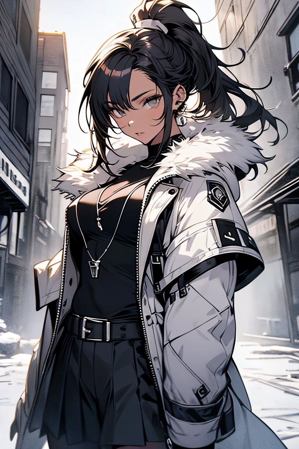 Original photo, best quality, full body photo), (Realistic, photo fidelity: 1.3), (Extremely delicate and beautiful: 1.1) 1 woman chiseled physique and wide hips, leggings, pleated skirt, sports top, high ponytail, high boots, long fur jacket, on a hazy moonlit night in a ghost town, monochrome style, line art, detailed face, detailed eye's, detailed lips, wide hips