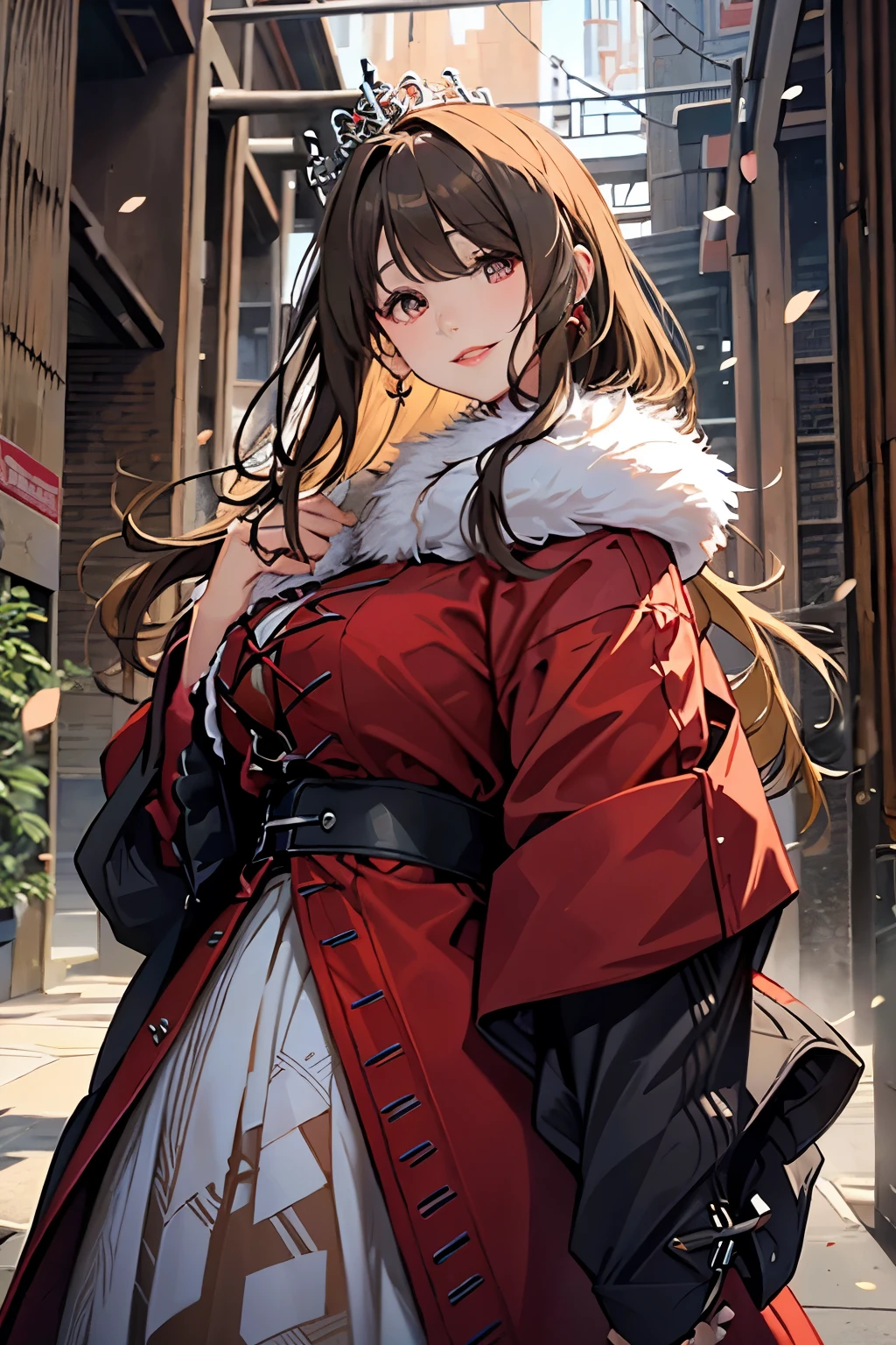 (work of art) master piece, Detailed eyes, detailed lips, innocent smile, long fur jacket in black, a medieval dress in white and red, with a super voluminous skirt, full princess skirt, high collar, which covers the body from neck to toe, covered neck